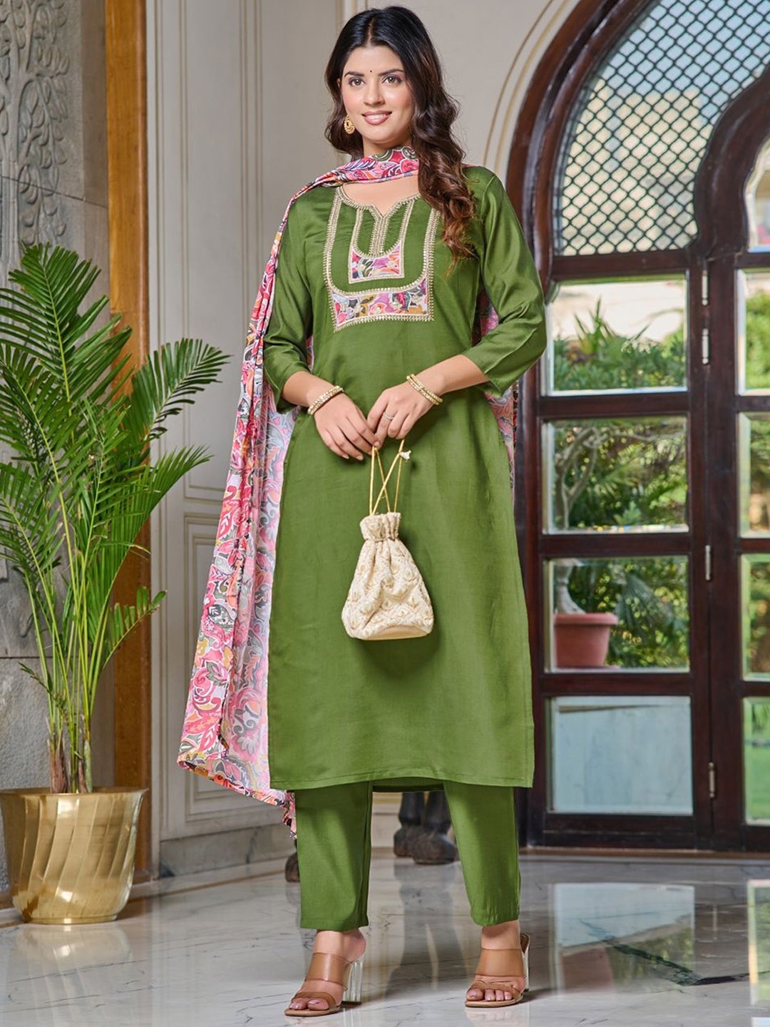 

Anouk Olive Round Neck Three-Quarter Sleeves Thread Work Kurta With Trouser With Dupatta