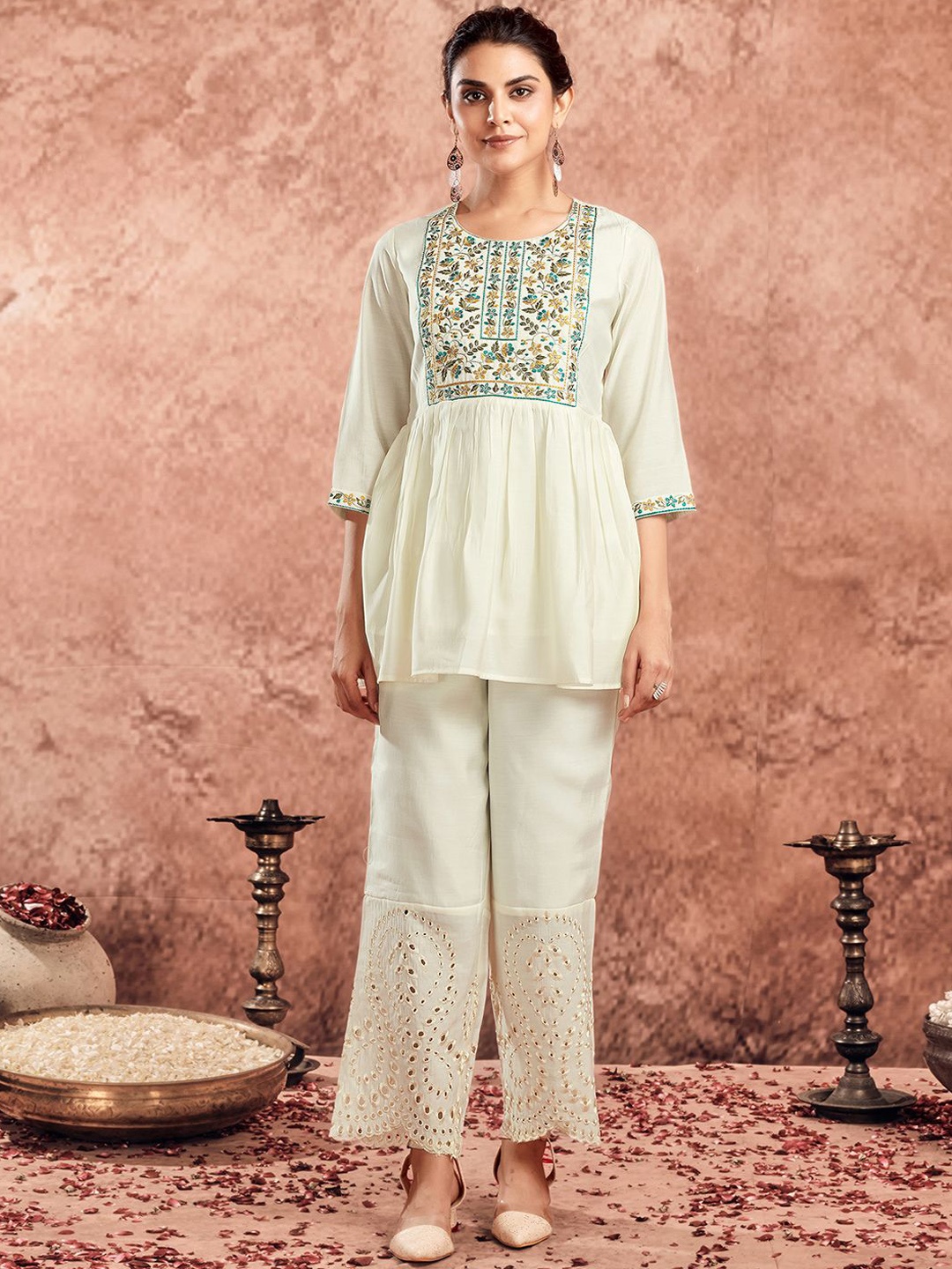 

KALINI Floral Embroidered Round Neck Three-Quarter Sleeves Tunic & Trouser, Cream