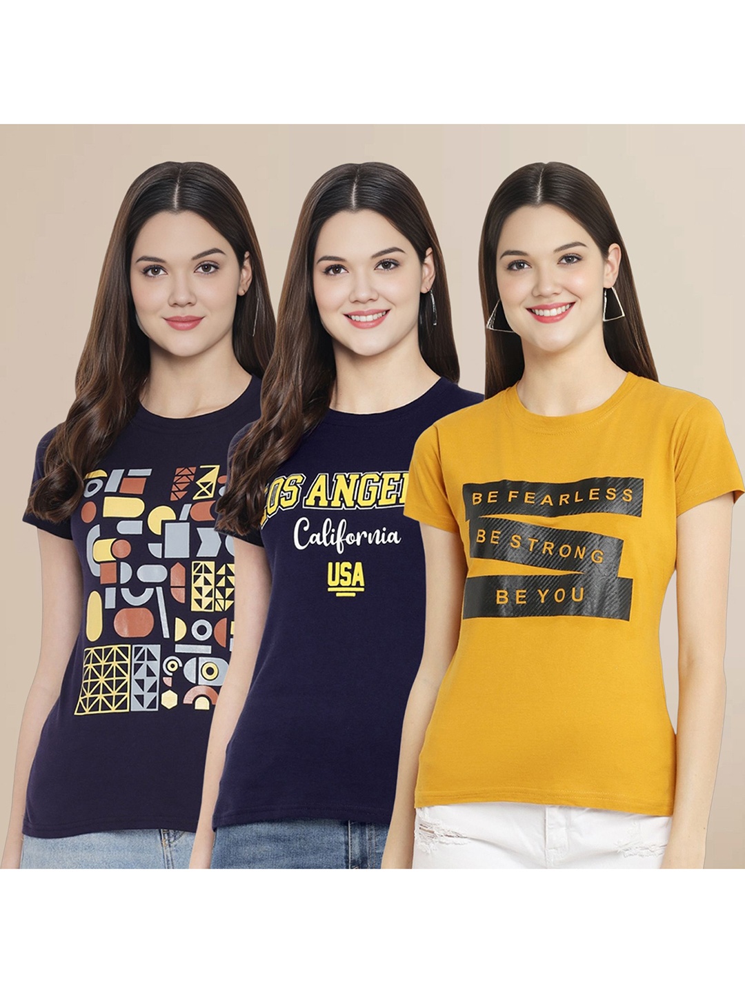 

Metronaut Women Pack Of 3 Typography Printed Round Neck Cotton T-shirts, Navy blue