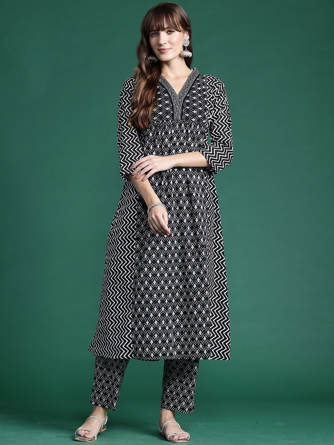 

Indo Era Ethnic Motifs Printed A-Line Pure Cotton Kurta with Trousers, Black