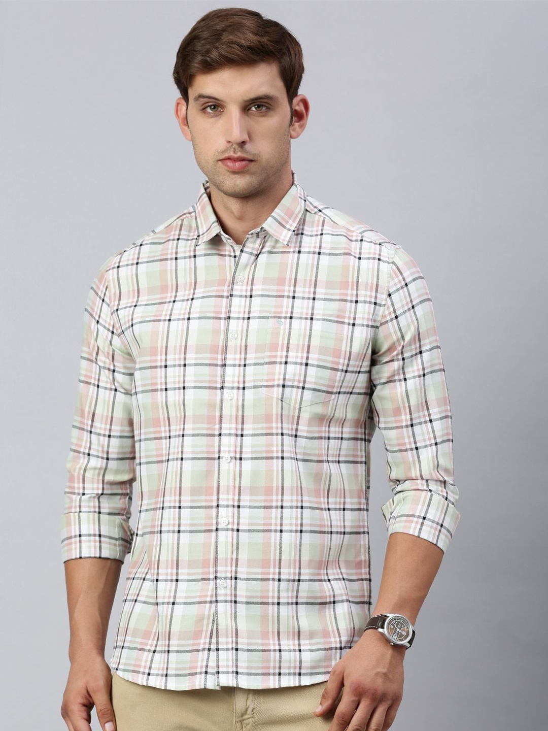 

Classic Polo Men India Slim Spread Collar Tartan Checked Cotton Casual Shirt, White