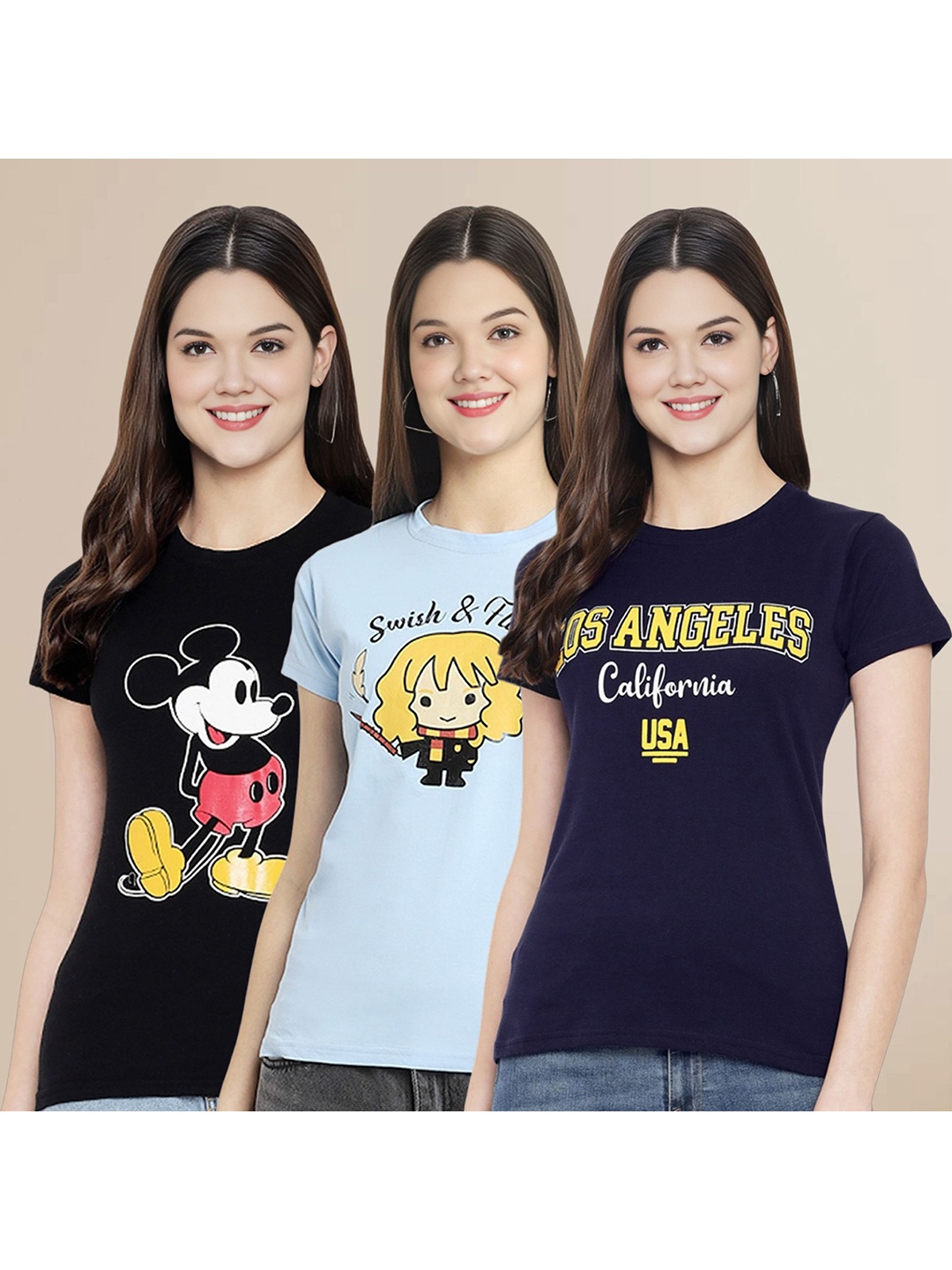 

Metronaut Women Pack Of 3 Typography Printed Round Neck Cotton Mickey Mouse T-shirts, Navy blue