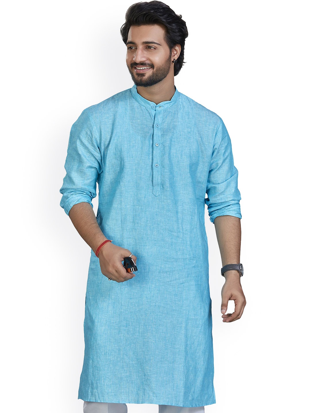 

Authentics Band Collar Woven Design Straight Kurta, Blue