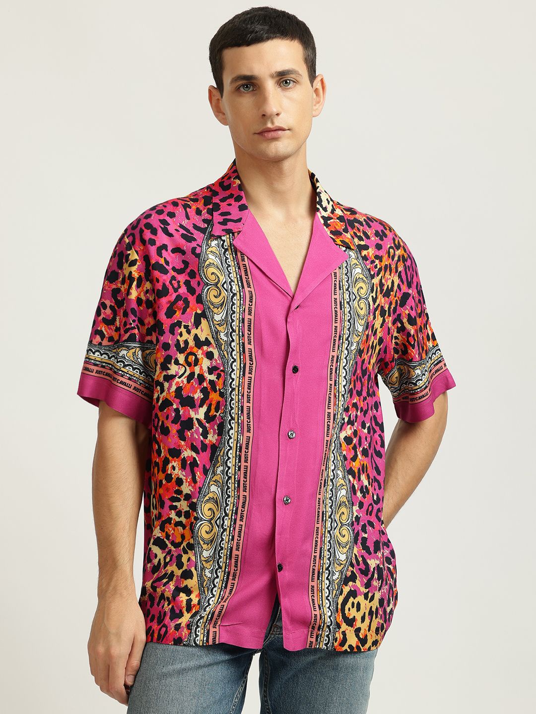 

Just Cavalli Men Cuban Collar Abstract Printed Casual Shirt, Pink