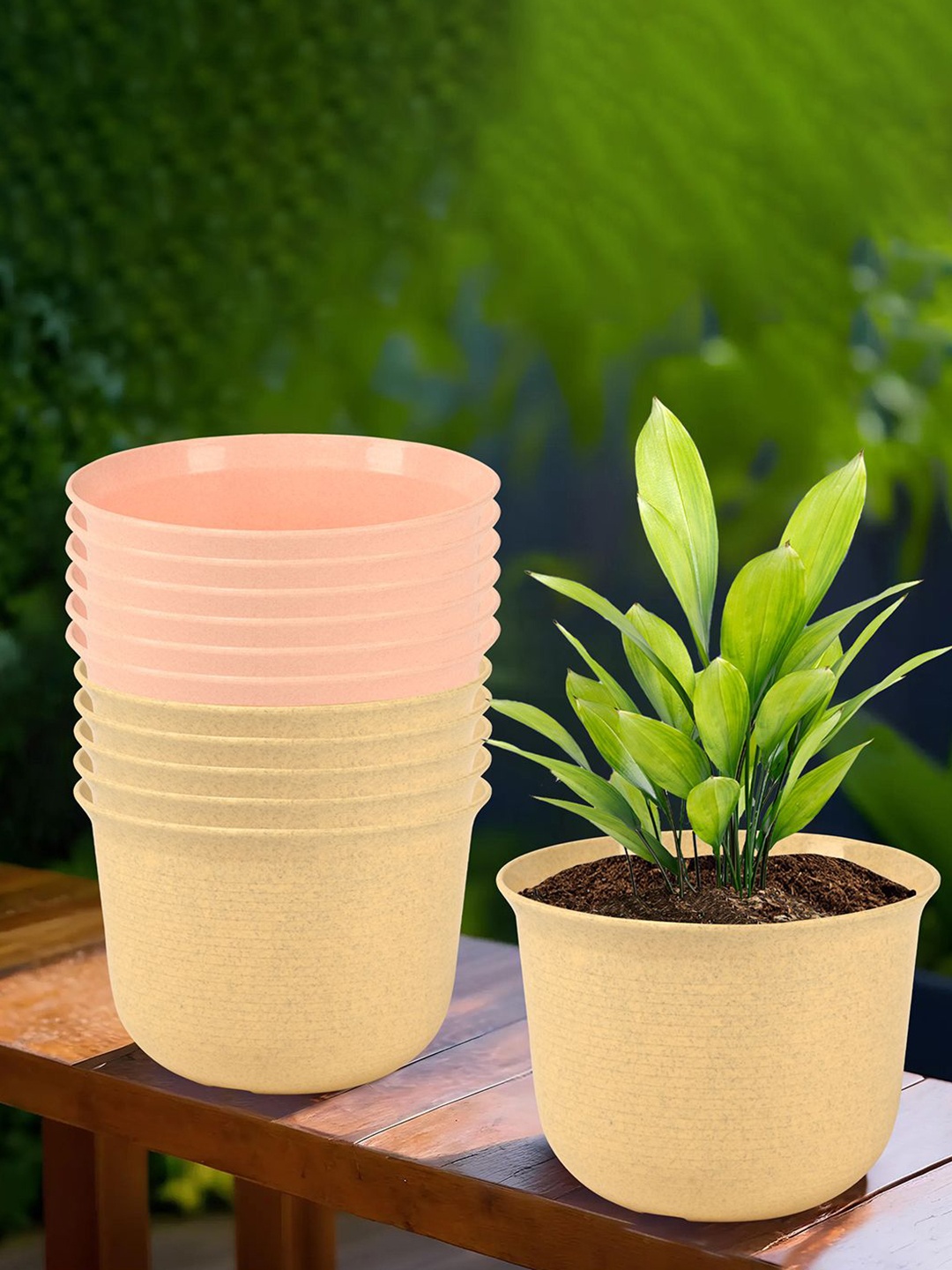 

Kuber Industries Beige & Peach-Colored 12 Pieces Textured Planters With Plate