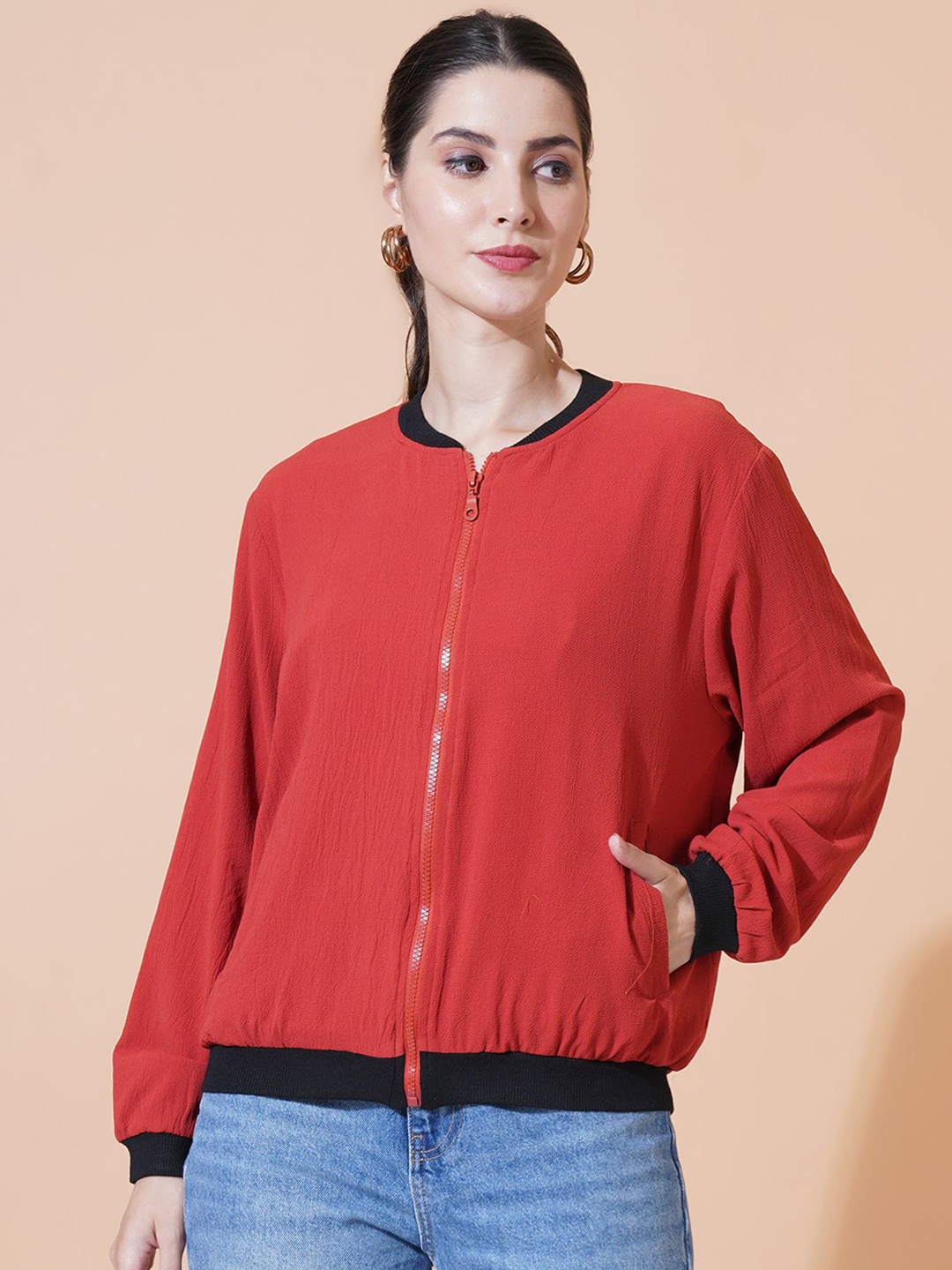 

Mast & Harbour Women Stand Collar Solid Casual Bomber Jacket, Red