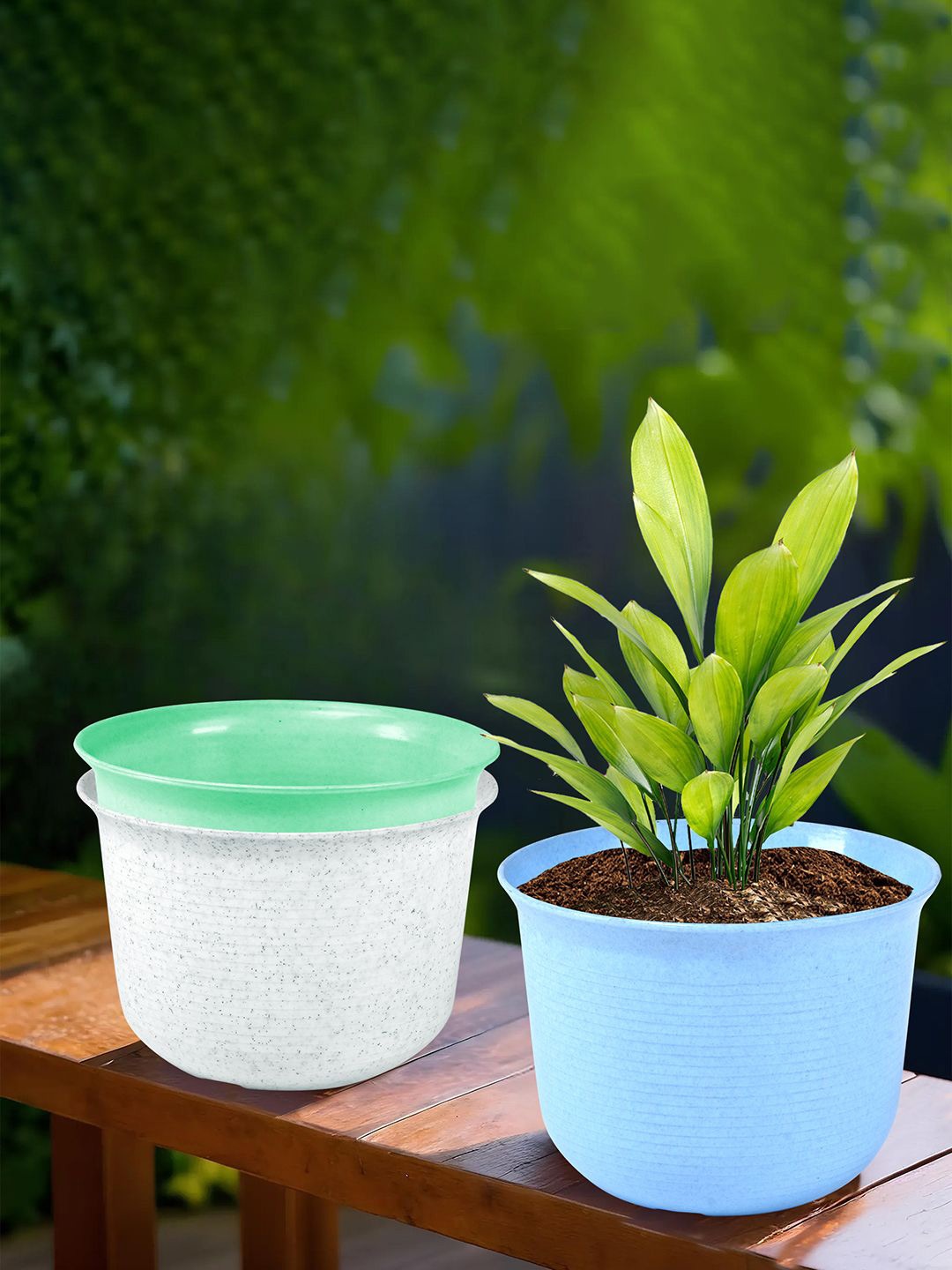 

Kuber Industries White & Green 3 Pieces Sawera Flower Pot With Plate, Blue