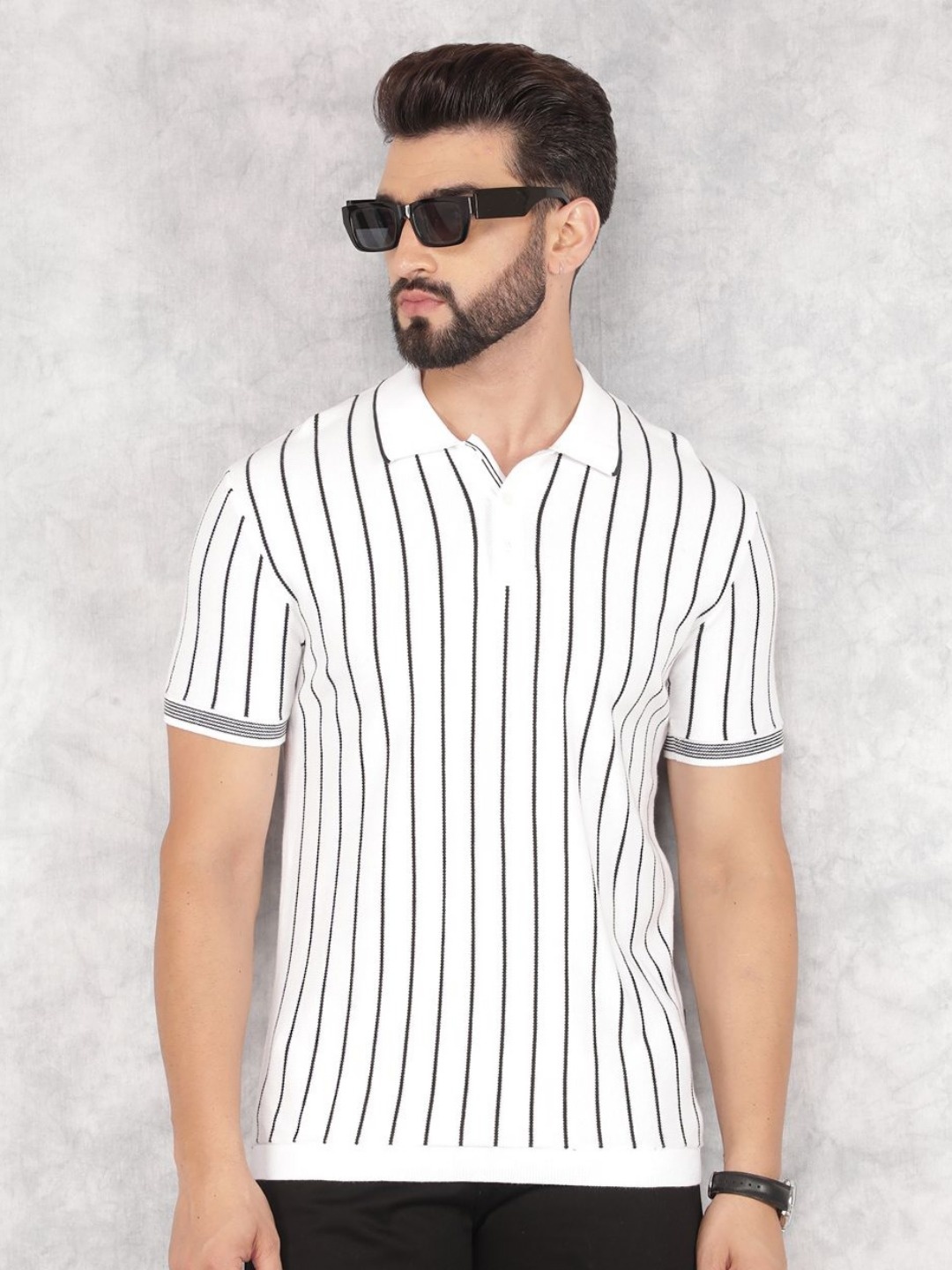 

Crimsoune Club Men Striped Polo Collar Cotton Slim Fit T-shirt, White