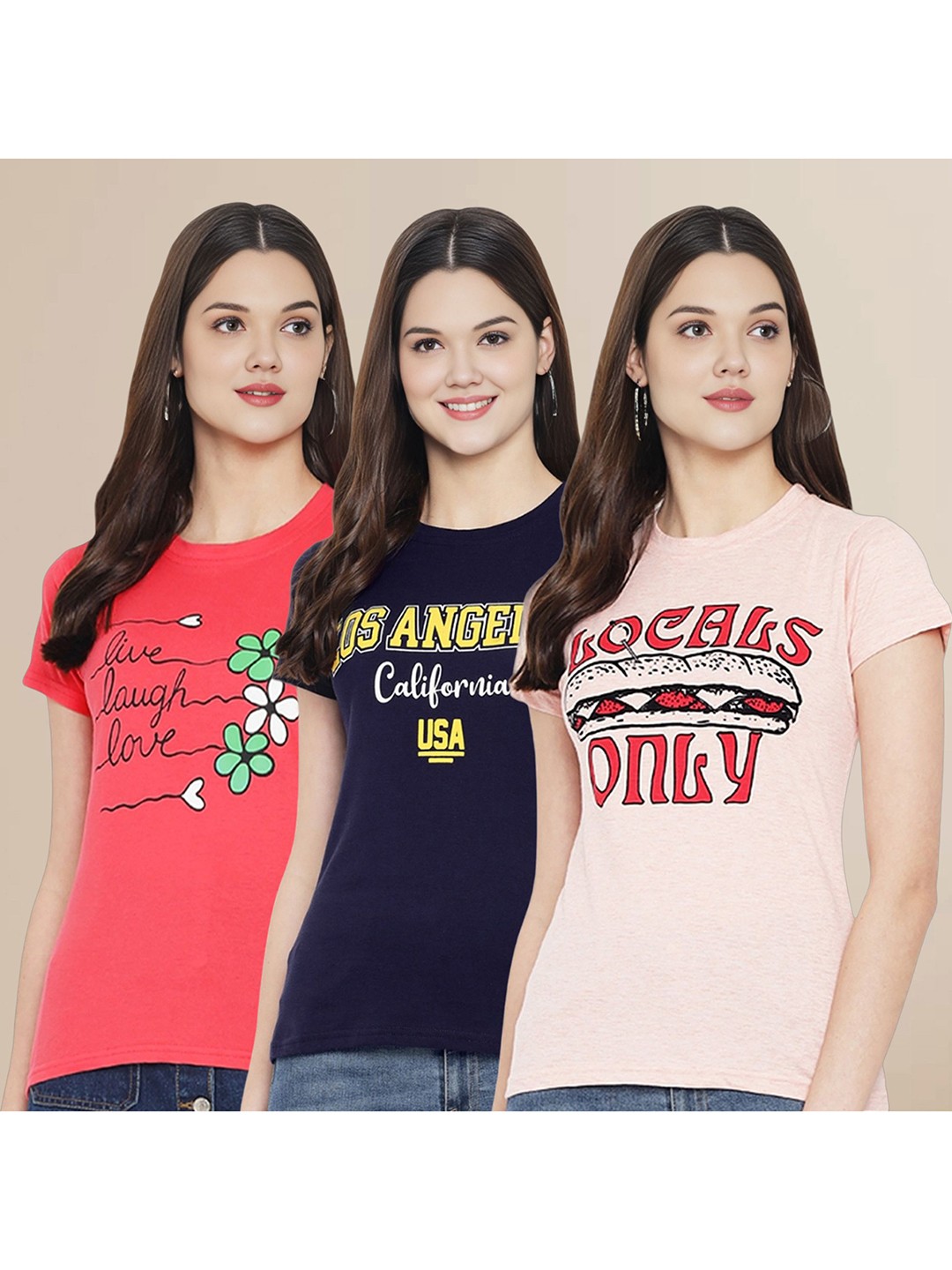 

Metronaut Women Pack Of 3 Typography Printed Round Neck Cotton T-shirts, Peach