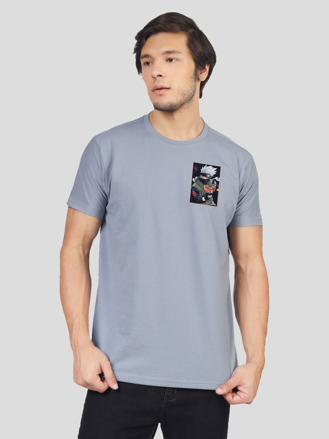 

Greylongg Men Graphic Printed Round Neck Cotton Naruto T-shirt, Grey