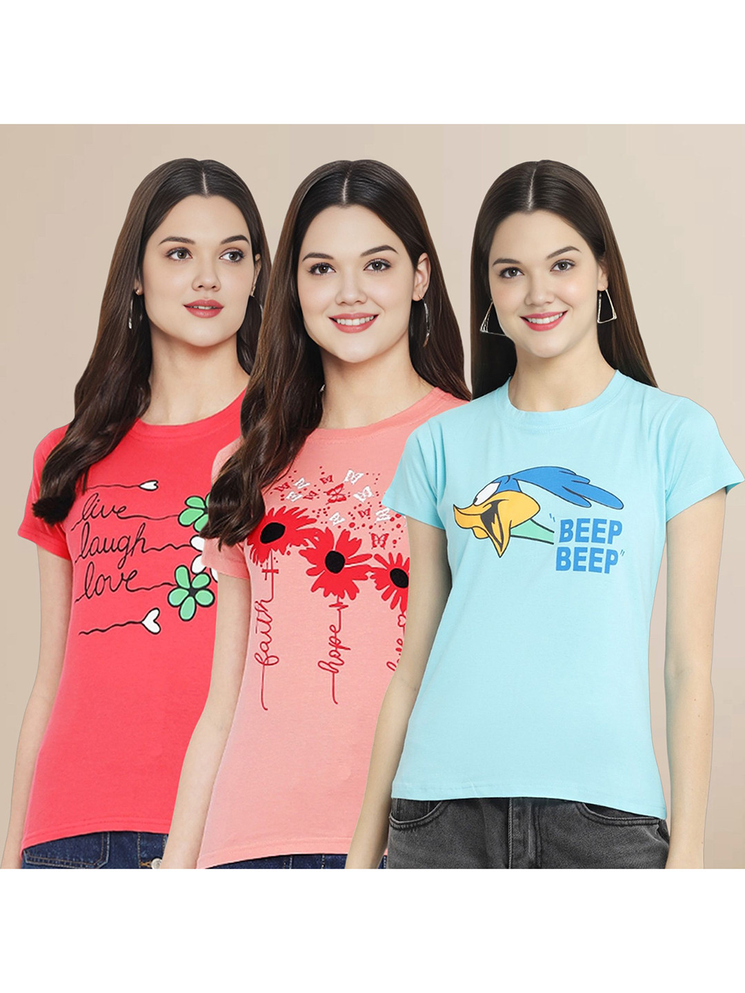 

Metronaut Women Pack Of 3 Typography Printed Round Neck Cotton Looney Tunes T-shirts, Coral
