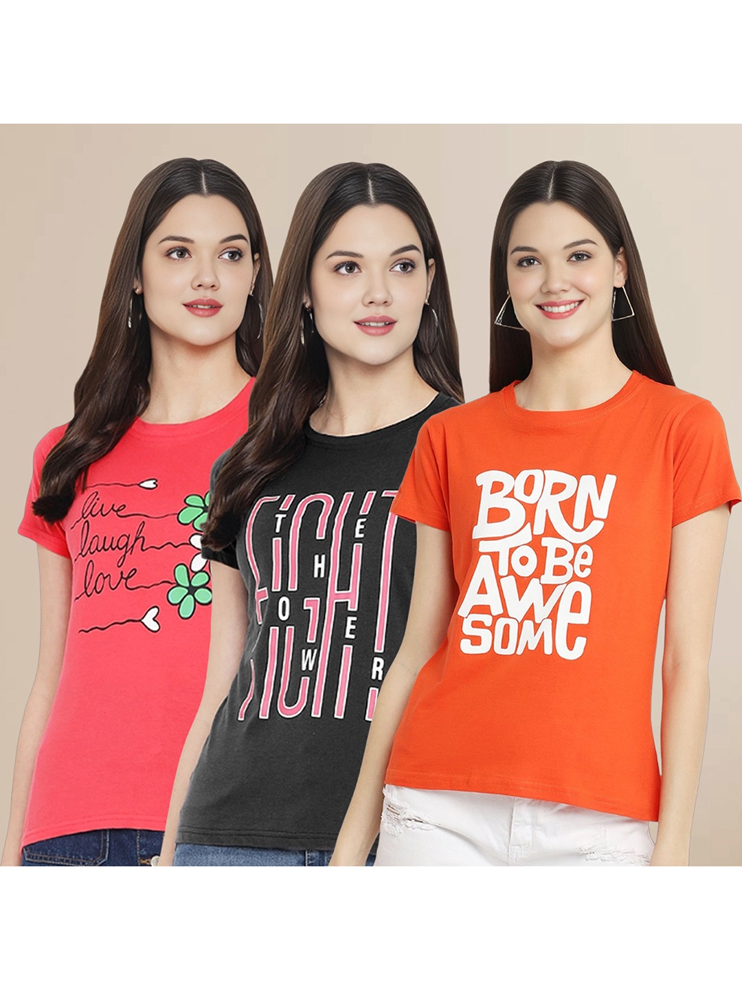 

Metronaut Women Pack Of 3 Typography Printed Round Neck Cotton T-shirts, Coral