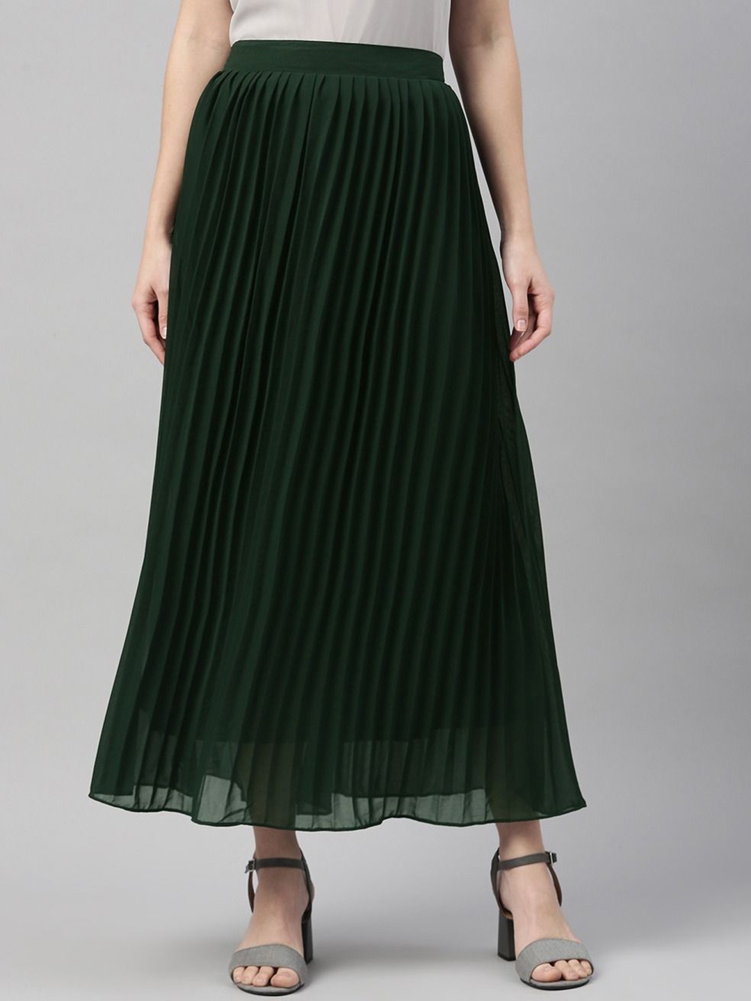 

SHECZZAR Flared Pleated Maxi Skirt, Green