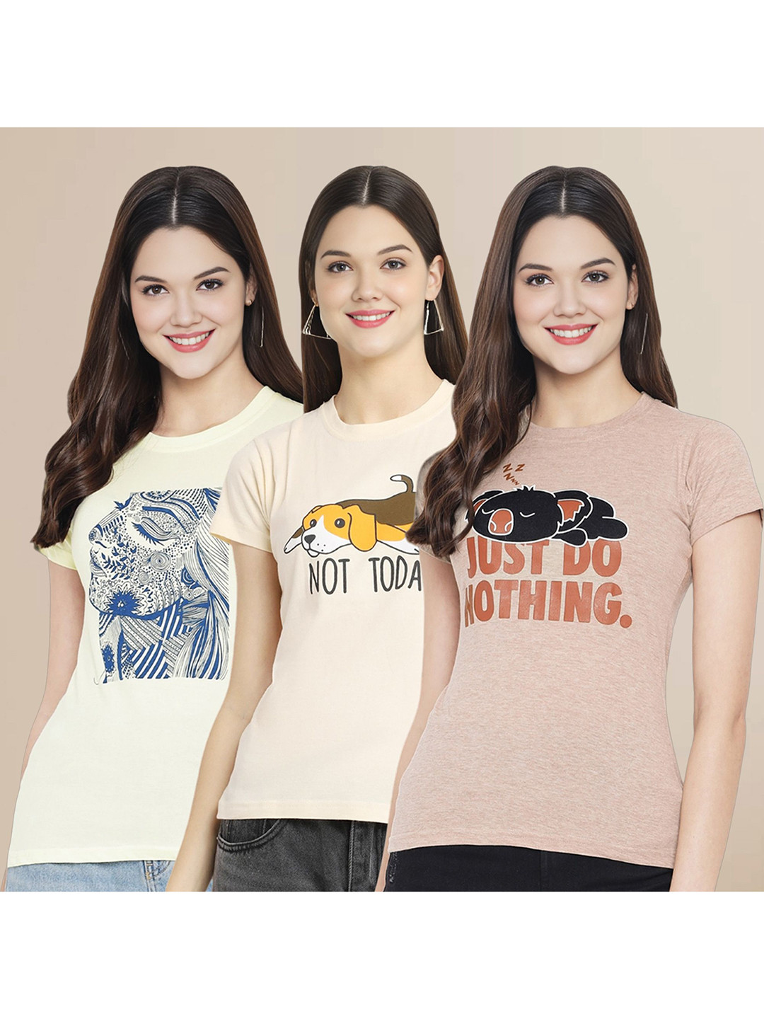 

Metronaut Women Pack Of 3 Typography Printed Round Neck Cotton T-shirts, Off white