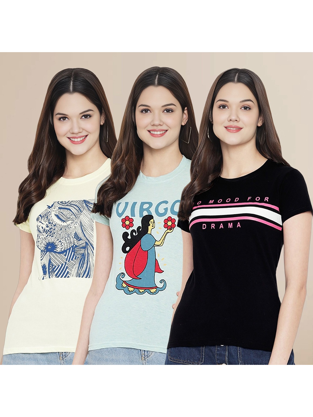 

Metronaut Women Pack Of 3 Typography Printed Round Neck Cotton T-shirts, Off white