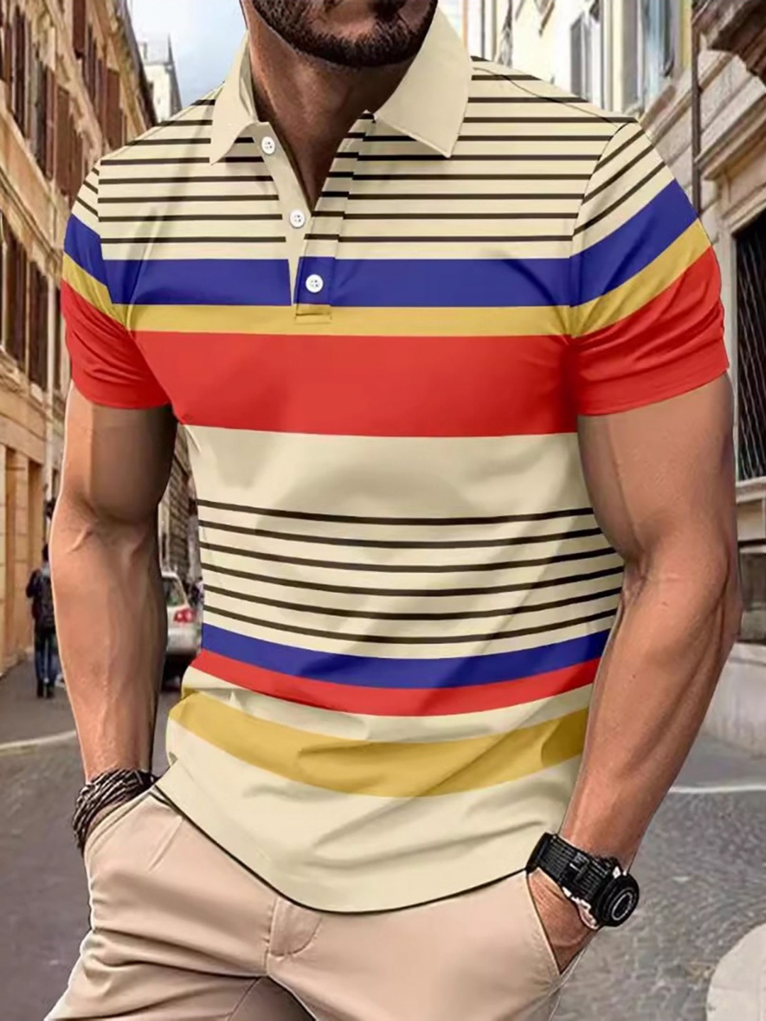 

StyleCast x Revolte Men Striped Mandarin Collar T-shirt, Khaki