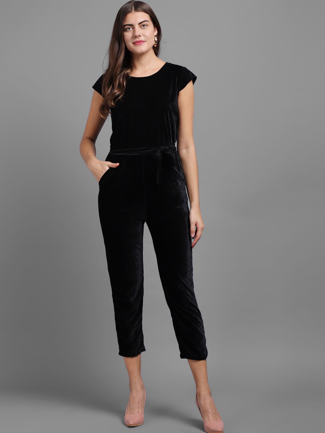 

VIVIENT Women Black Round Neck Short Cap Sleeves Jumpsuit