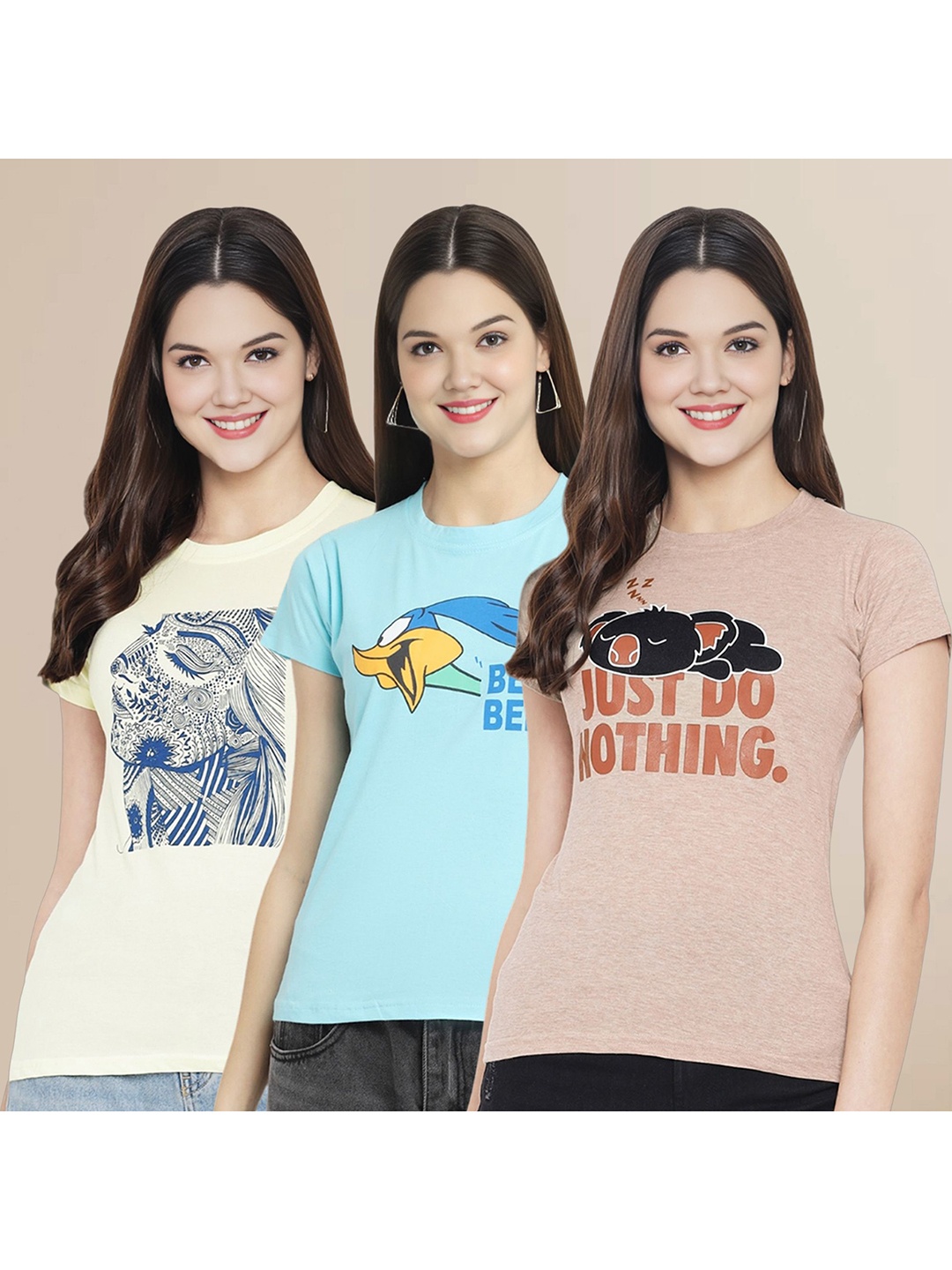 

Metronaut Women Pack Of 3 Typography Printed Round Neck Cotton Looney Tunes T-shirts, Off white