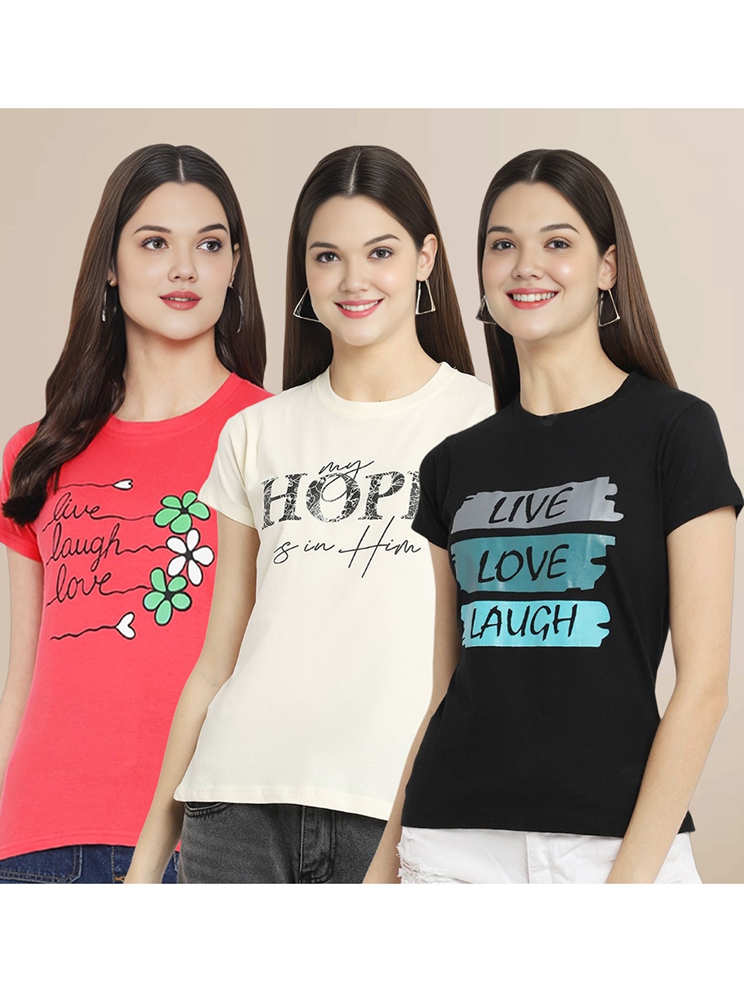 

Metronaut Women Pack Of 3 Typography Printed Round Neck Cotton T-shirts, Coral