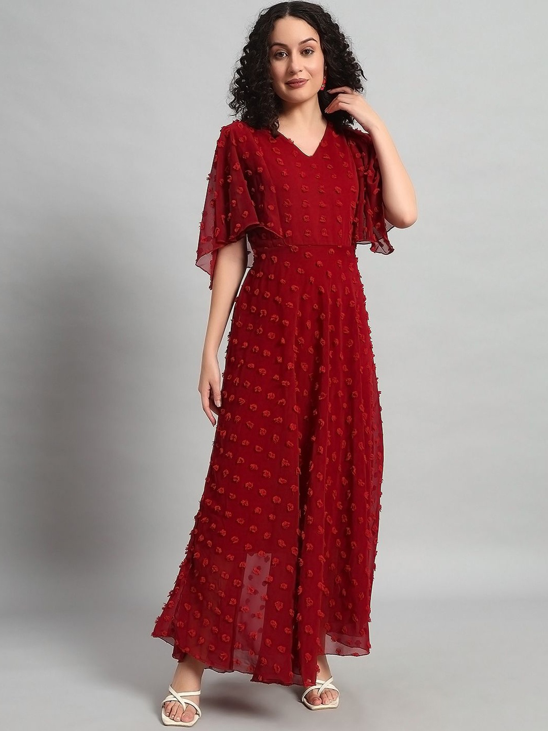 

HELLO DESIGN Georgette V-Neck Flutter Sleeves Maxi Dress, Maroon