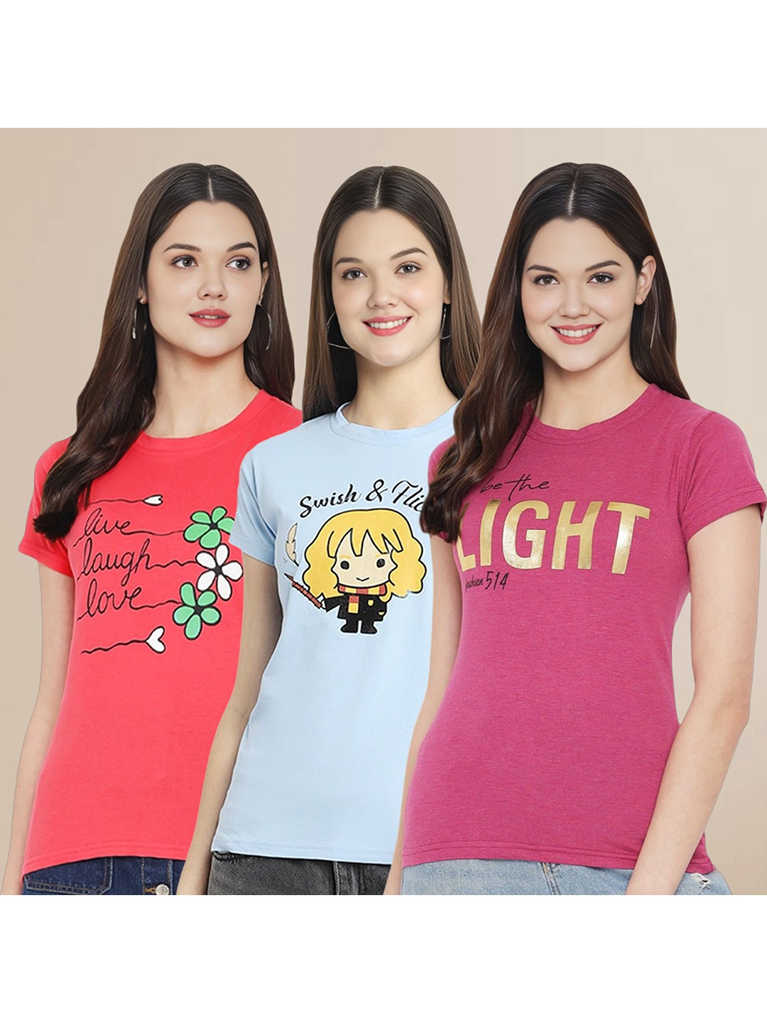 

Metronaut Women Pack Of 3 Typography Printed Round Neck Cotton T-shirts, Pink
