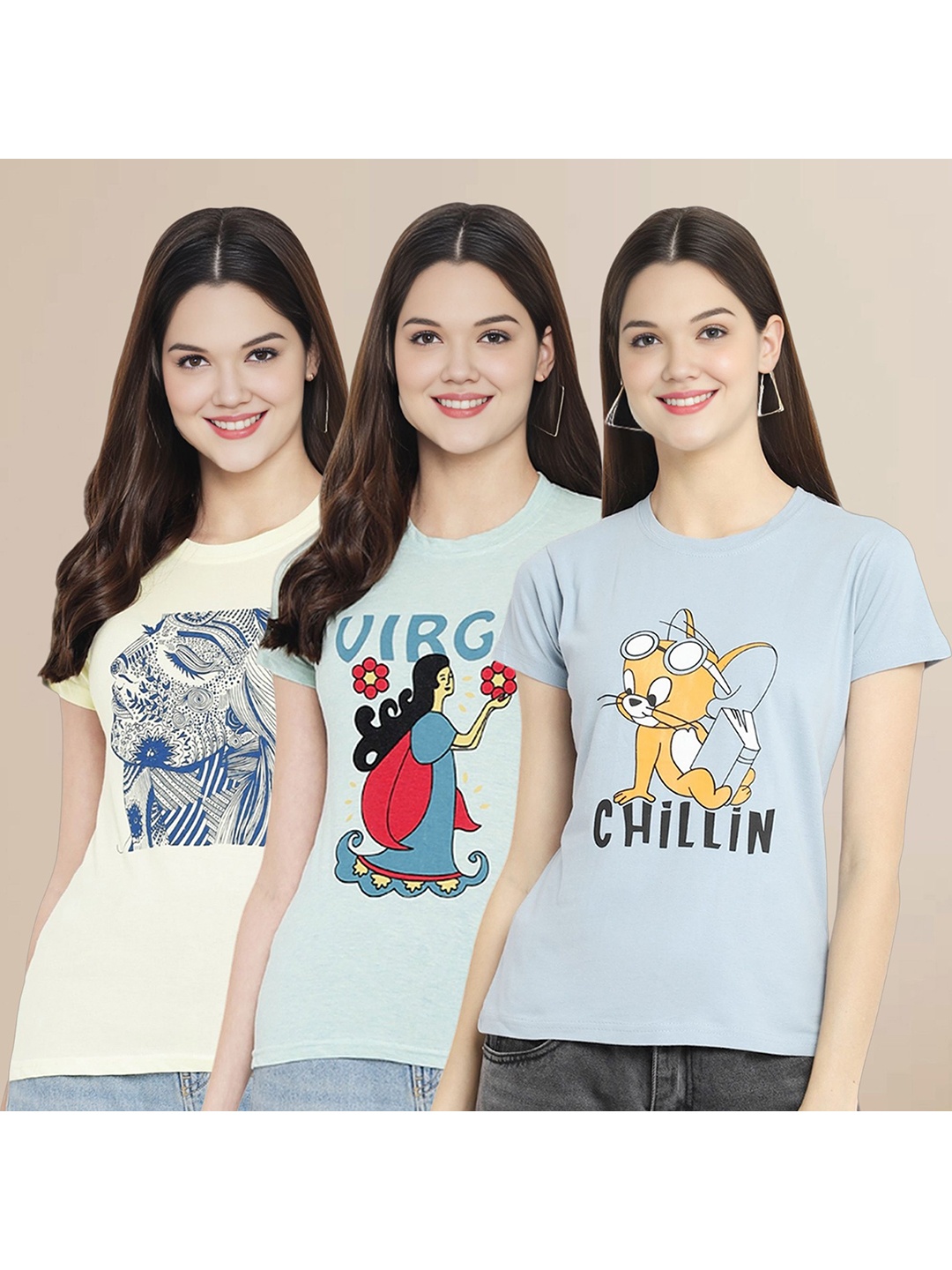 

Metronaut Women Pack Of 3 Typography Printed Round Neck Cotton Tom & Jerry T-shirts, Sea green