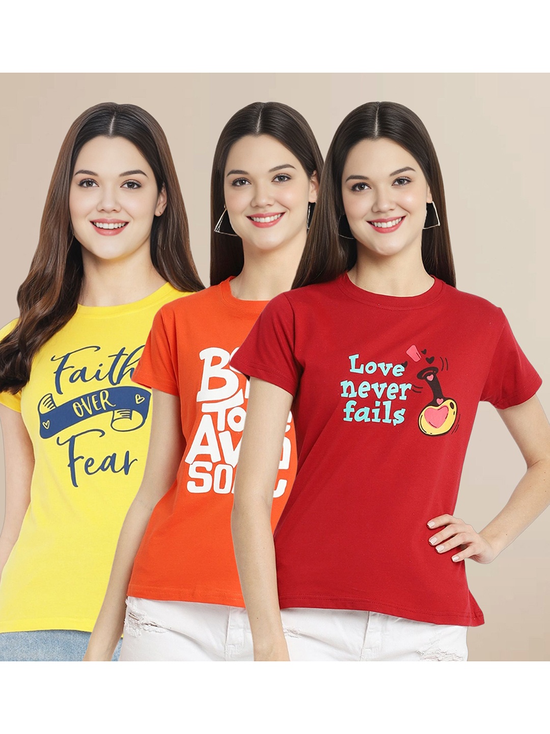 

Metronaut Women Pack Of 3 Typography Printed Round Neck Cotton T-shirts, Yellow