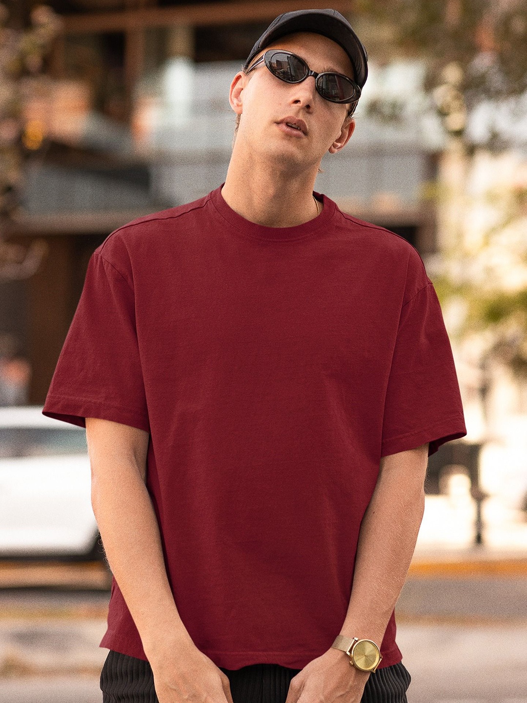 

Elibolz Men Bio Finish Solid Round Neck Cotton Oversized T-shirt, Maroon