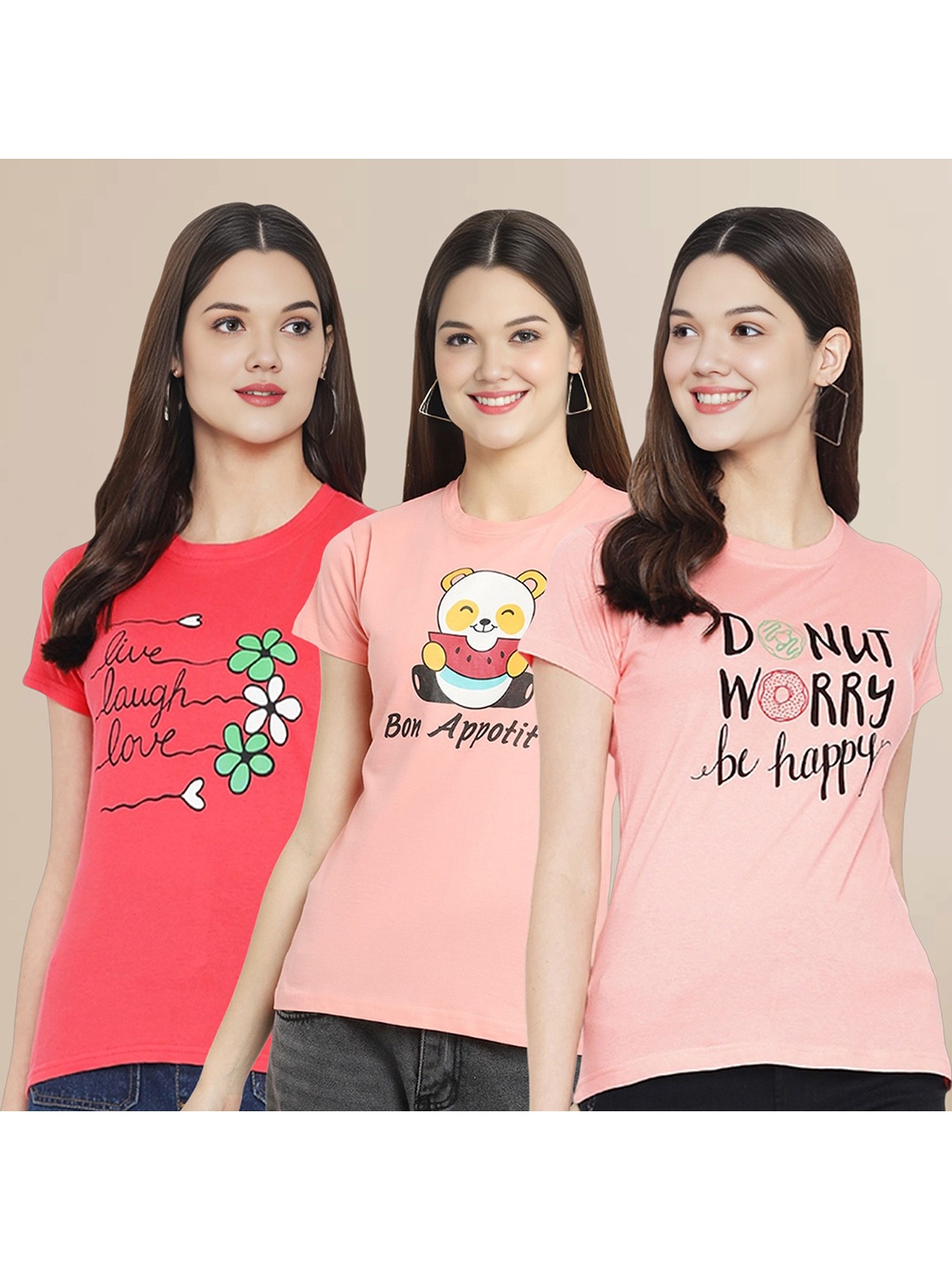 

Metronaut Women Pack Of 3 Typography Printed Round Neck Cotton T-shirts, Coral