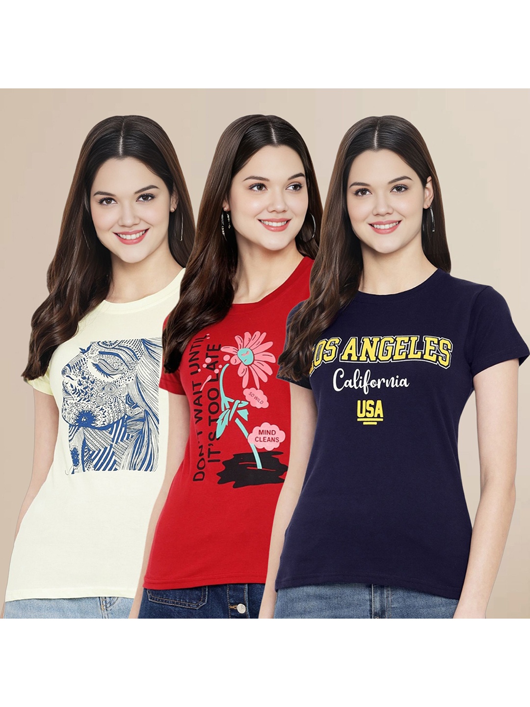 

Metronaut Women Pack Of 3 Typography Printed Round Neck Cotton T-shirts, Off white