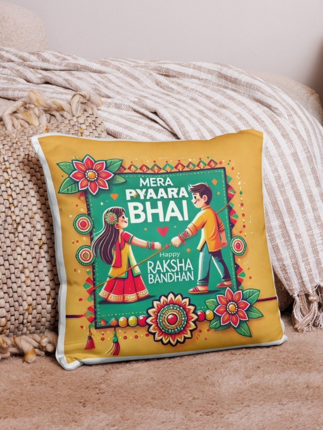 

bettergiftflowers Yellow Mera Pyara Bhai Rakshabandhan Printed Square Filled Cushions