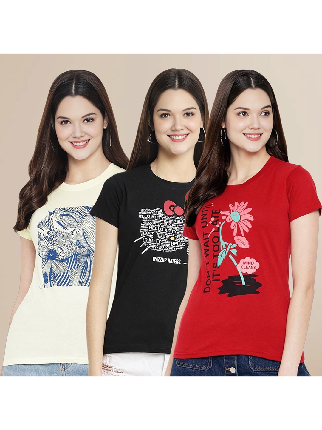 

Metronaut Women Pack Of 3 Typography Printed Round Neck Cotton T-shirts, Off white