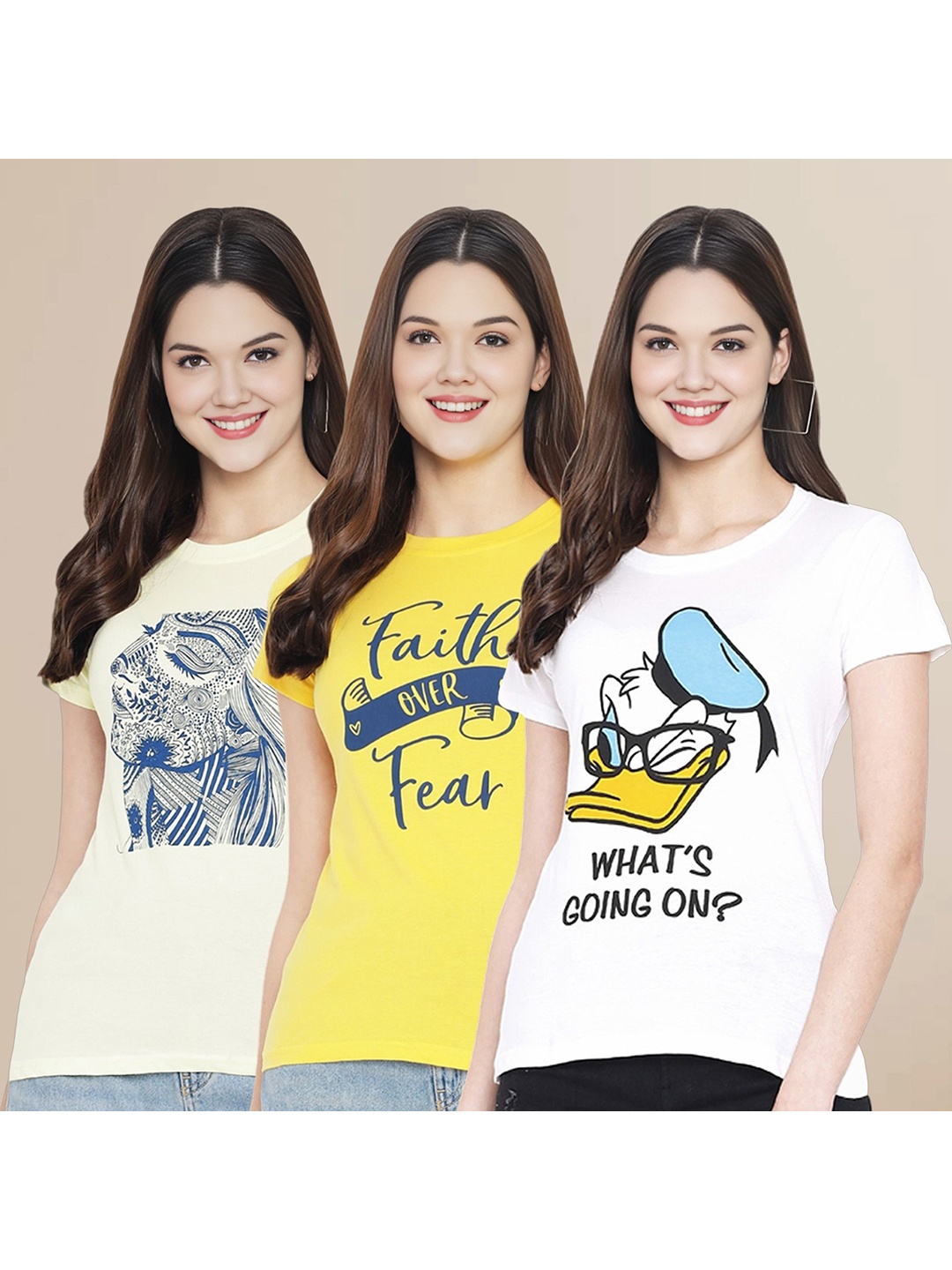 

Metronaut Women Pack Of 3 Typography Printed Round Neck Cotton Donald Duck T-shirts, White