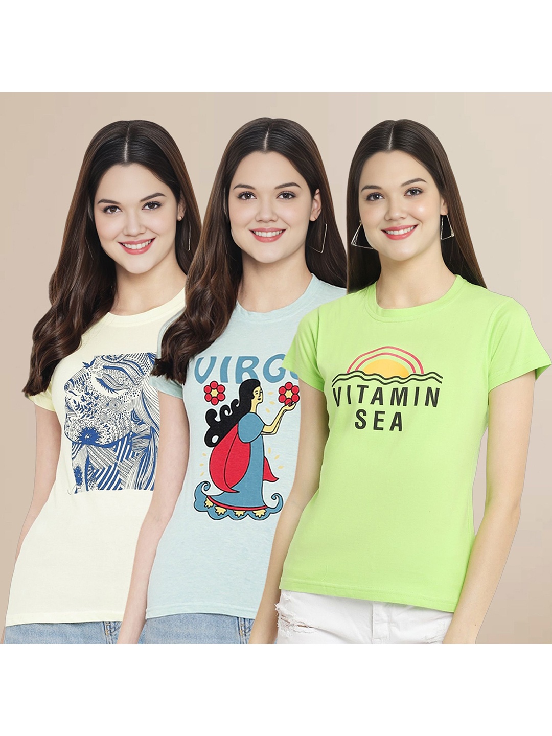 

Metronaut Women Pack Of 3 Typography Printed Round Neck Cotton T-shirts, Off white