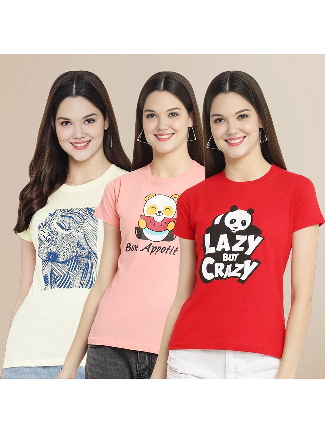 

Metronaut Women Pack Of 3 Typography Printed Round Neck Cotton T-shirts, Off white