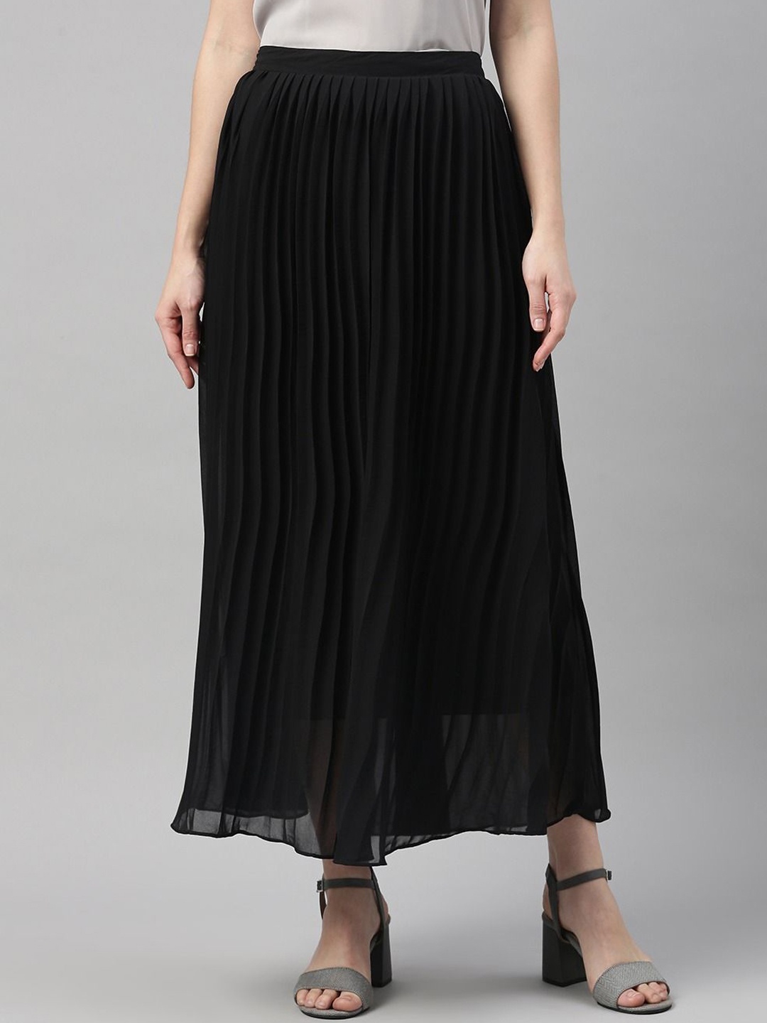 

SHECZZAR Women Pleated A-Line Midi Skirts, Black