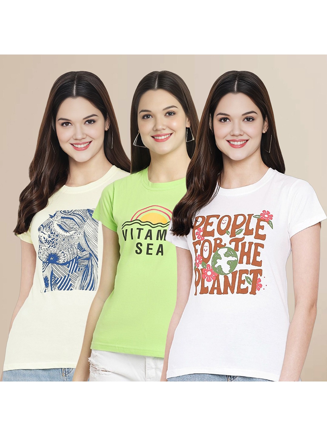 

Metronaut Women Pack Of 3 Typography Printed Round Neck Cotton T-shirts, Green