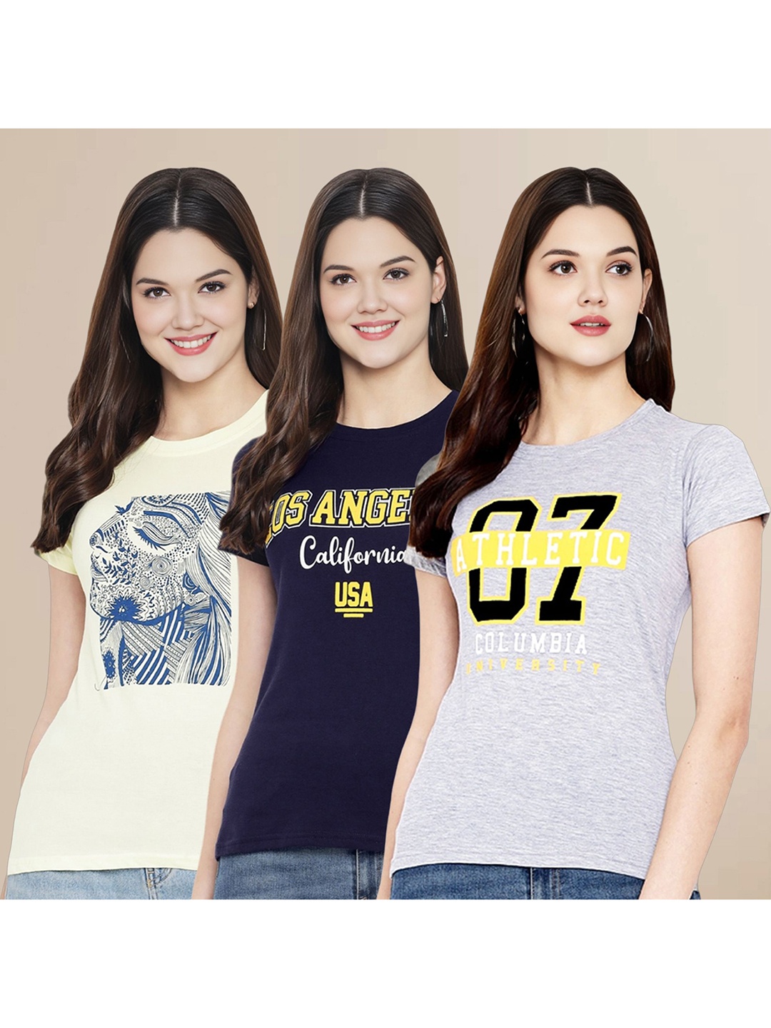 

Metronaut Women Pack Of 3 Typography Printed Round Neck Cotton T-shirts, Off white