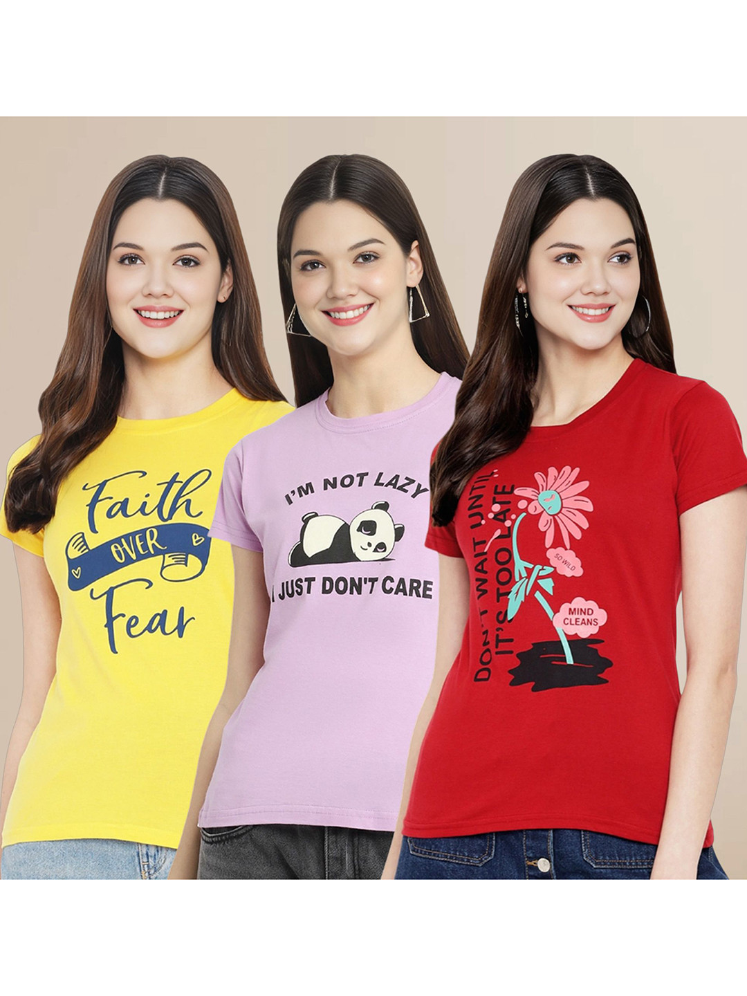 

Metronaut Women Pack Of 3 Typography Printed Round Neck Cotton T-shirts, Yellow