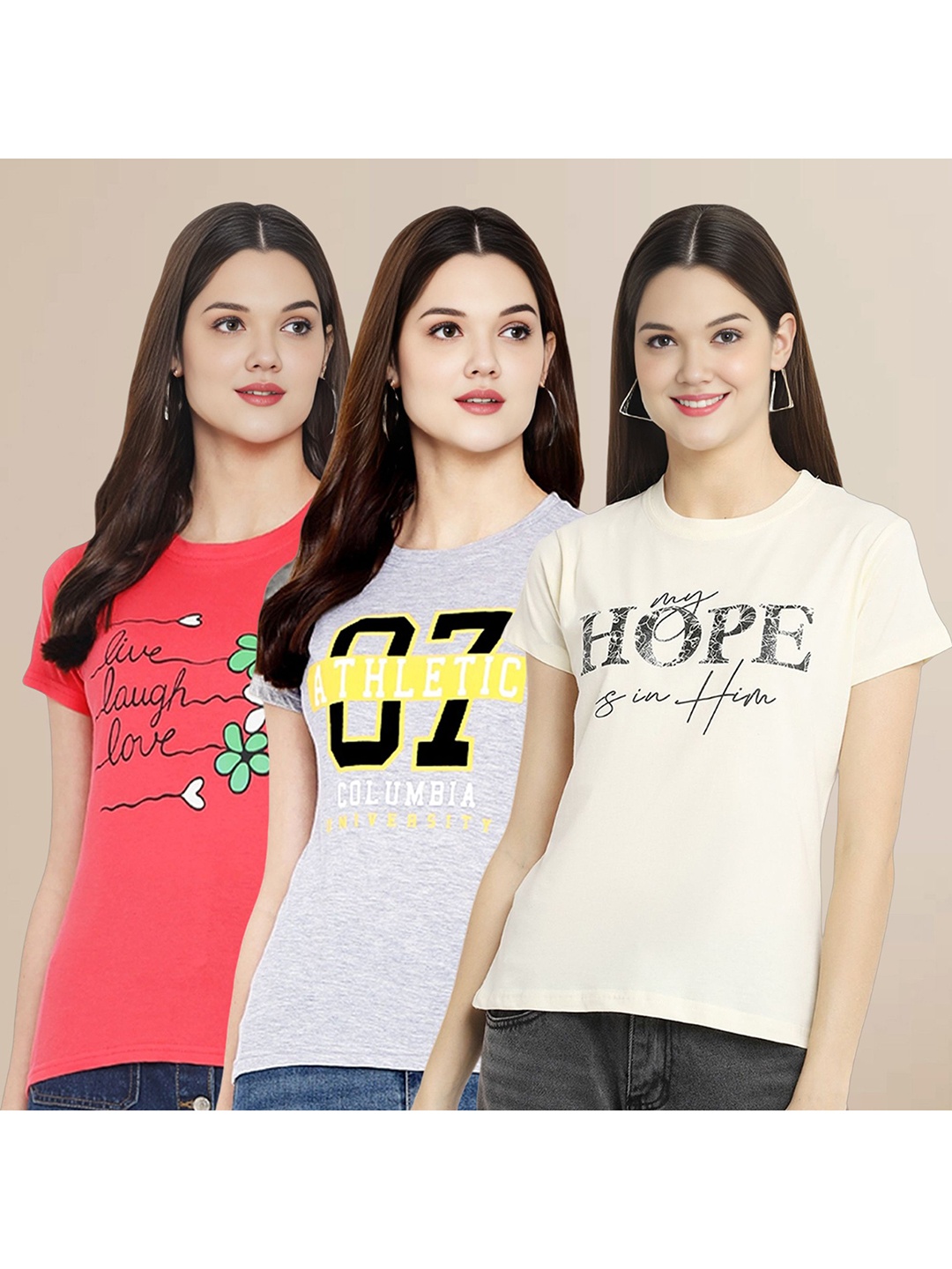 

Metronaut Women Pack Of 3 Typography Printed Round Neck Cotton T-shirts, Off white