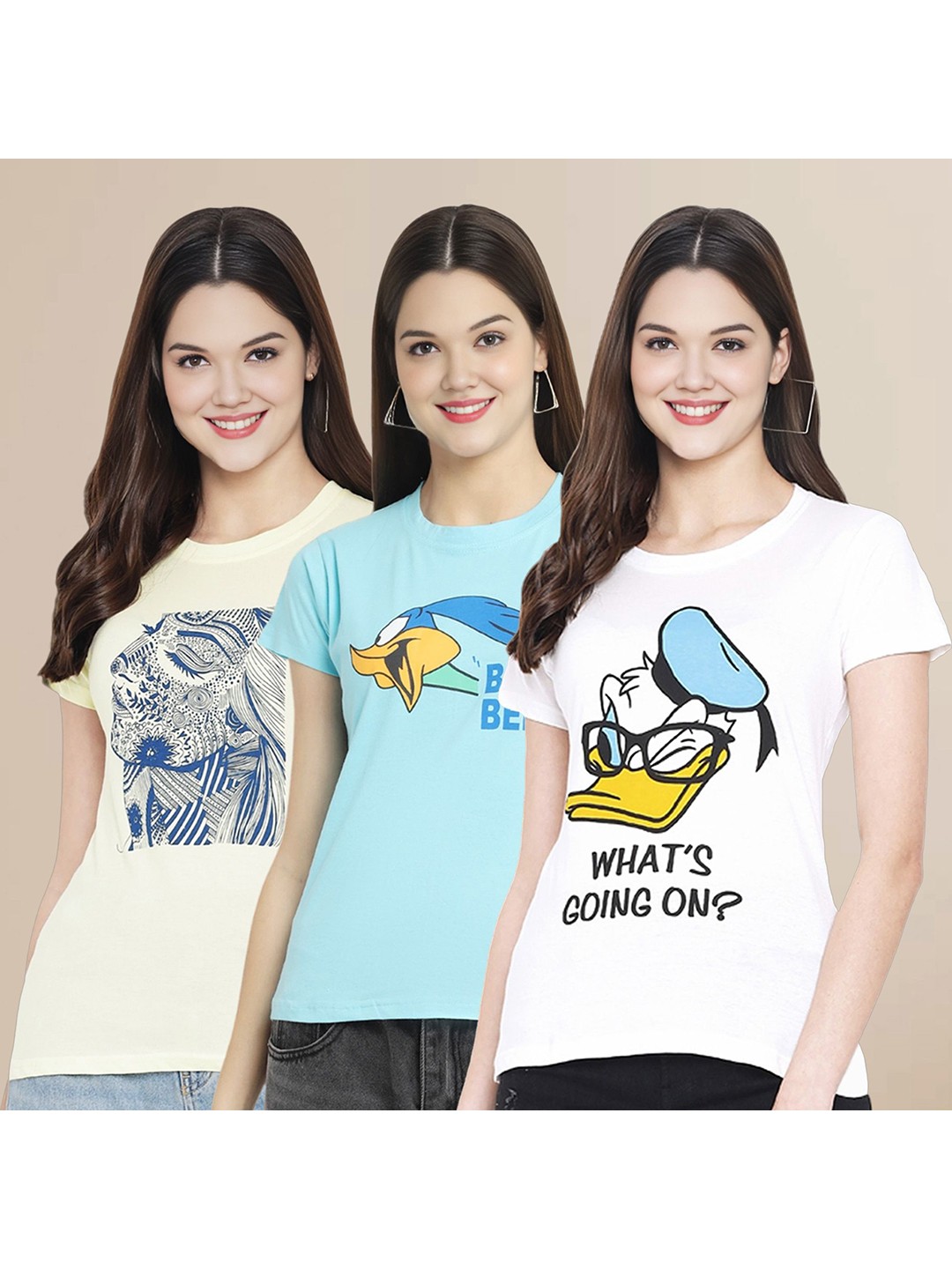 

Metronaut Women Pack Of 3 Typography Printed Round Neck Cotton Donald Duck T-shirts, White