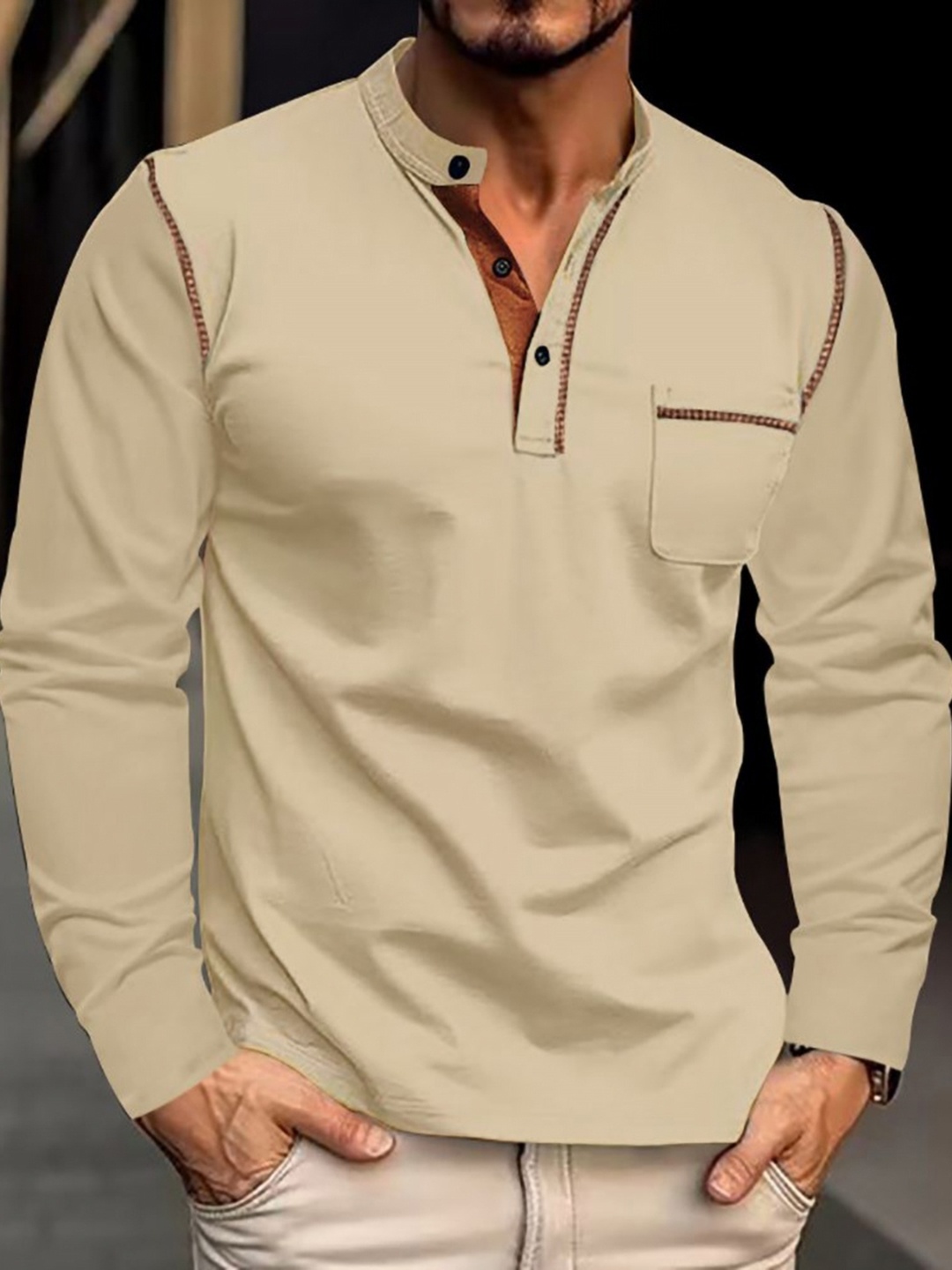 

StyleCast x Revolte Men Solid Henley Neck T-shirt, Khaki
