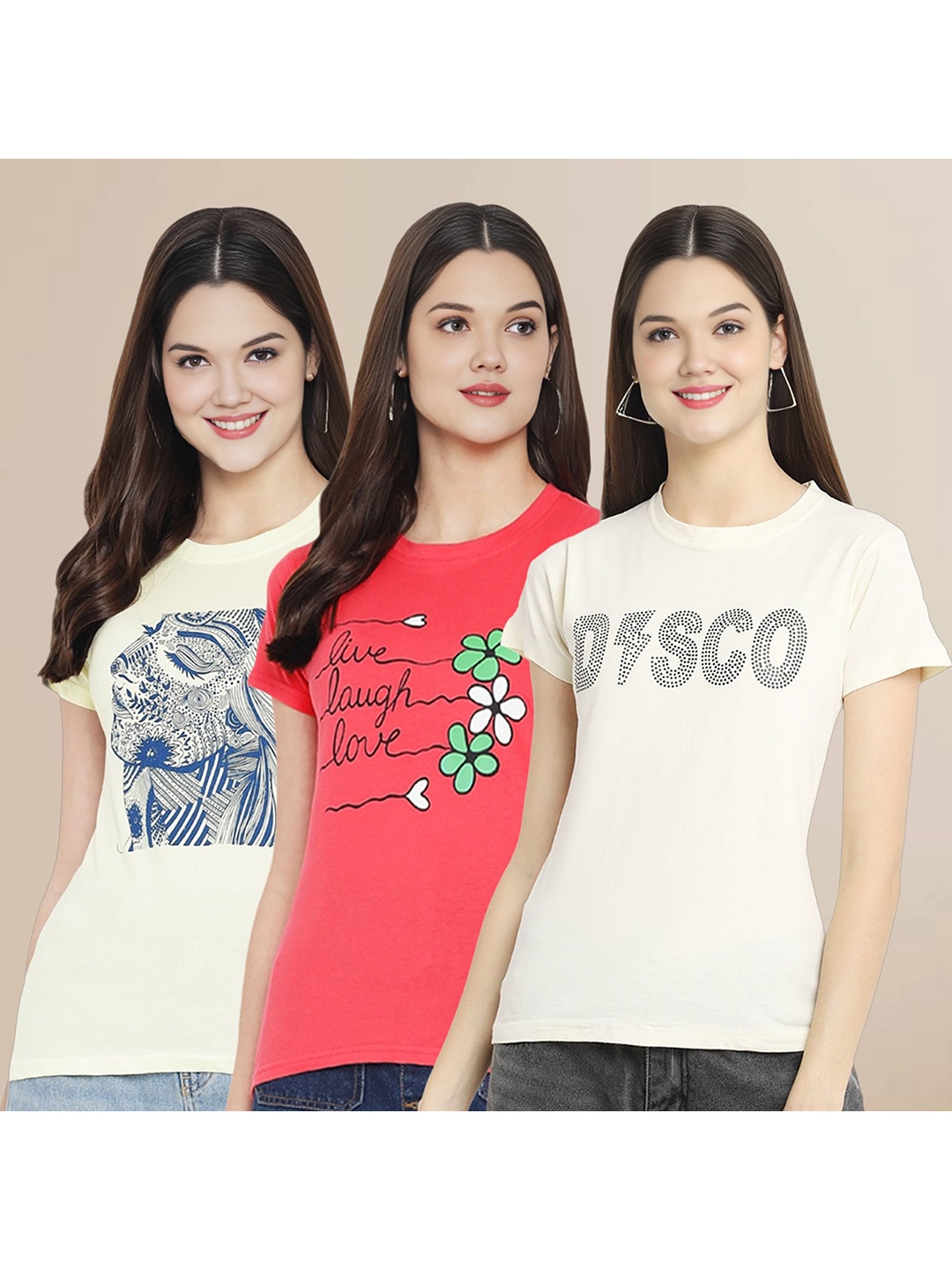 

Metronaut Women Pack Of 3 Typography Printed Round Neck Cotton T-shirts, Off white