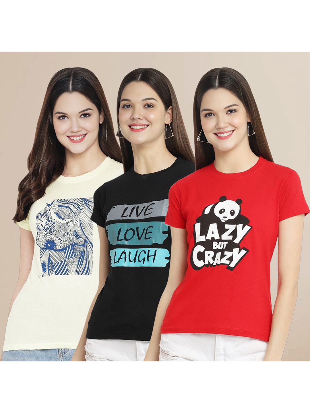 

Metronaut Women Pack Of 3 Typography Printed Round Neck Cotton T-shirts, Off white