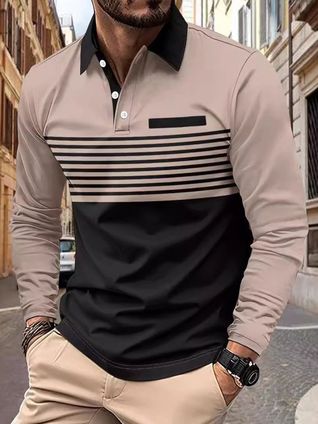 

StyleCast x Revolte Men Striped Polo Collar T-shirt, Beige