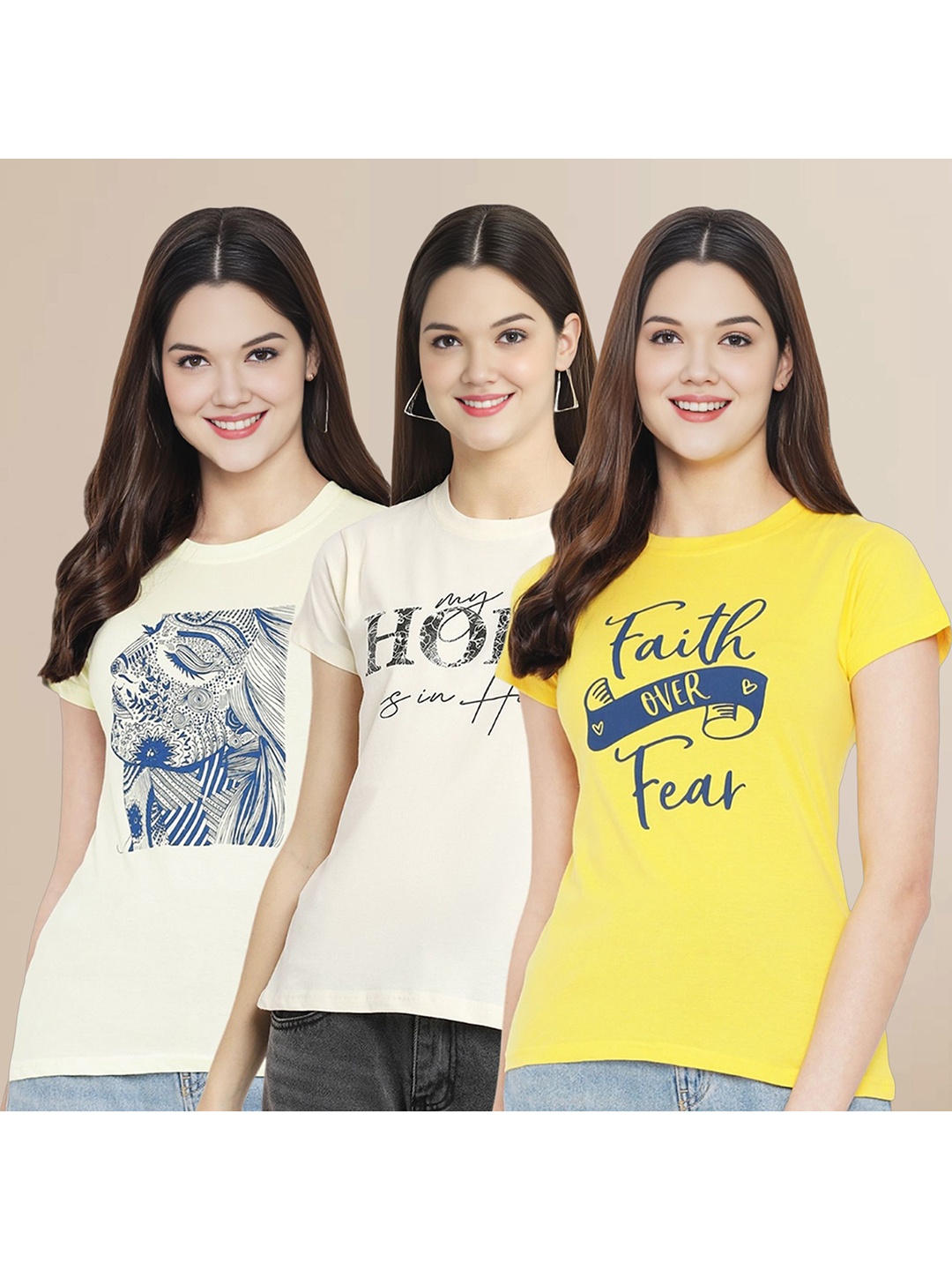 

Metronaut Women Pack Of 3 Typography Printed Round Neck Cotton T-shirts, Off white
