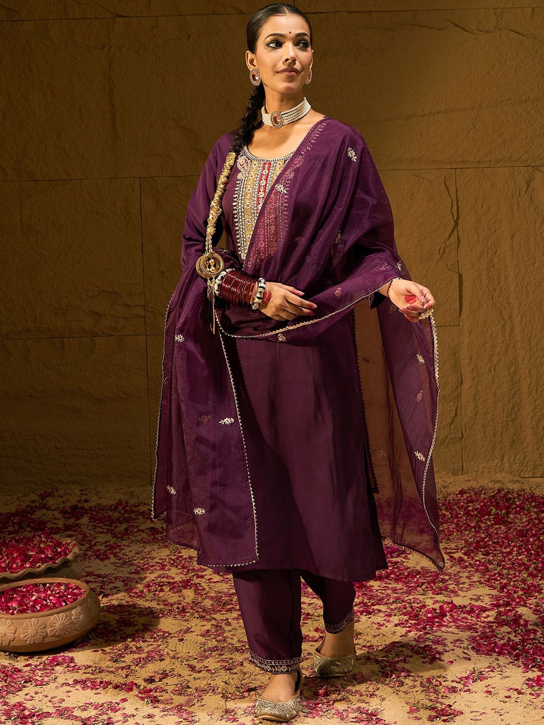 

Indo Era Ethnic Motifs Embroidered Straight Kurta With Trousers & Dupatta, Burgundy