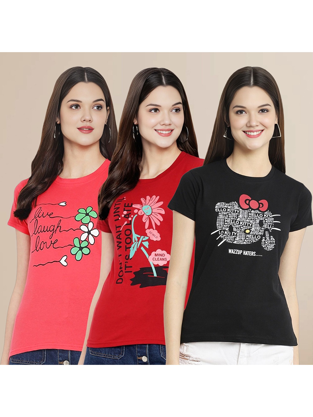 

Metronaut Women Pack Of 3 Typography Printed Round Neck Cotton T-shirts, Coral