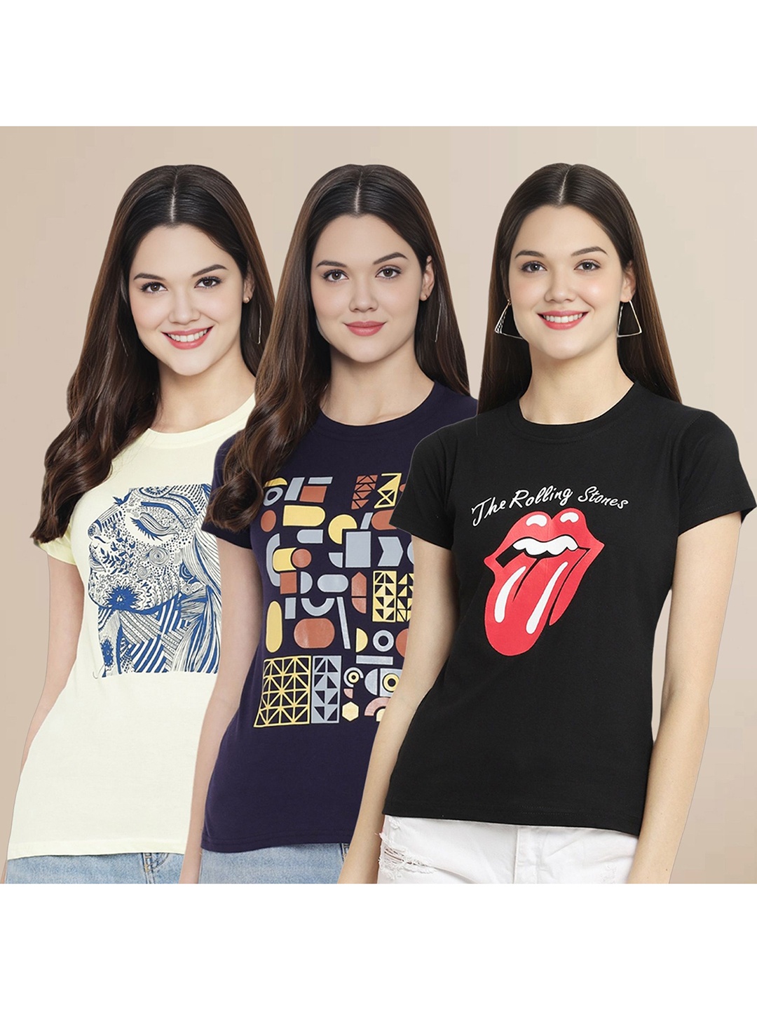 

Metronaut Women Pack Of 3 Typography Printed Round Neck Cotton T-shirts, Off white