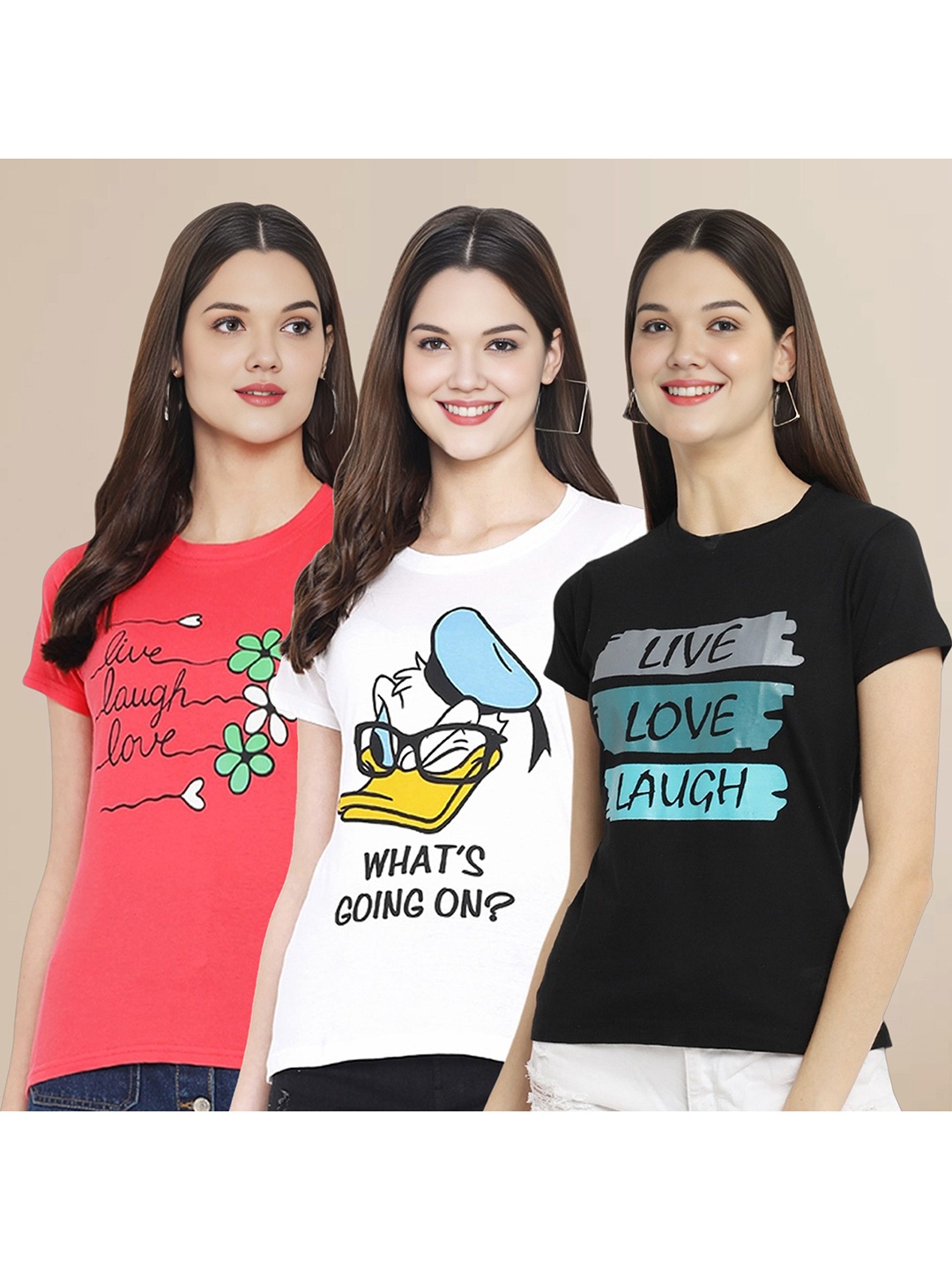 

Metronaut Women Pack Of 3 Typography Printed Round Neck Cotton Donald Duck T-shirts, Coral